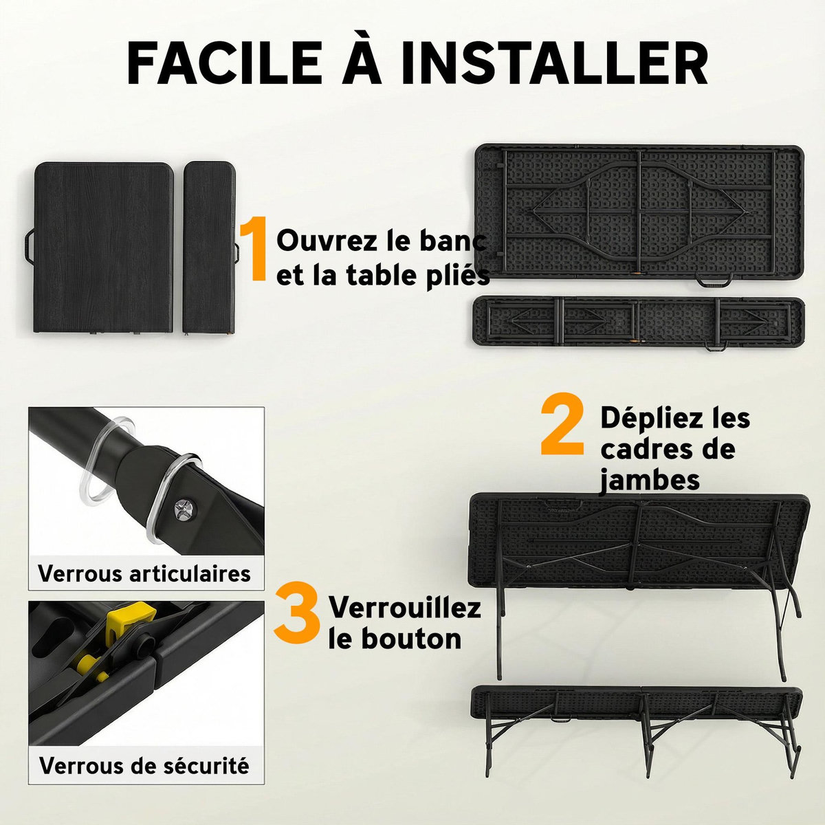 OUTSUNNY Ensemble table 2 bancs pliables avec poignées - usage pique-nique camping - métal époxy HDPE noir