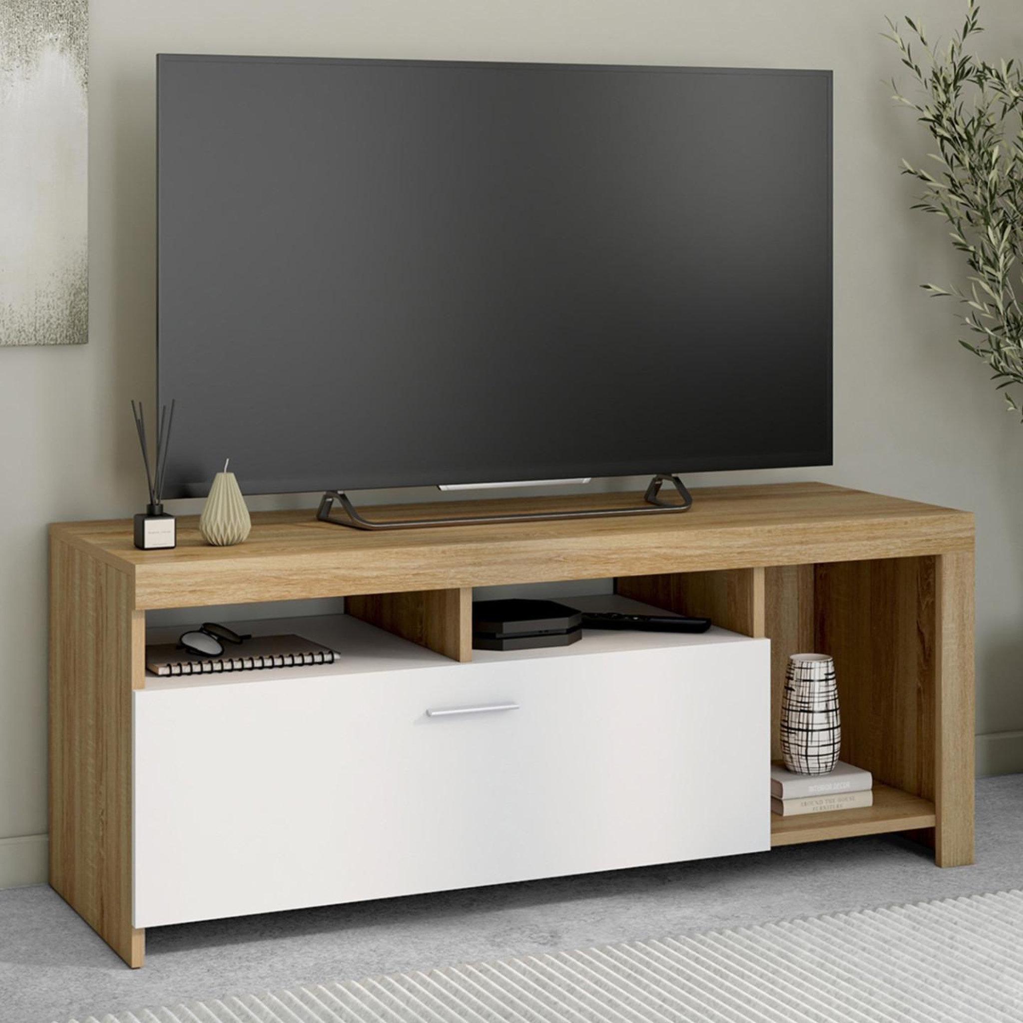 Voir la diapositive 2 : ID MARKET Meuble tv 110 cm malo bois et placard blanc