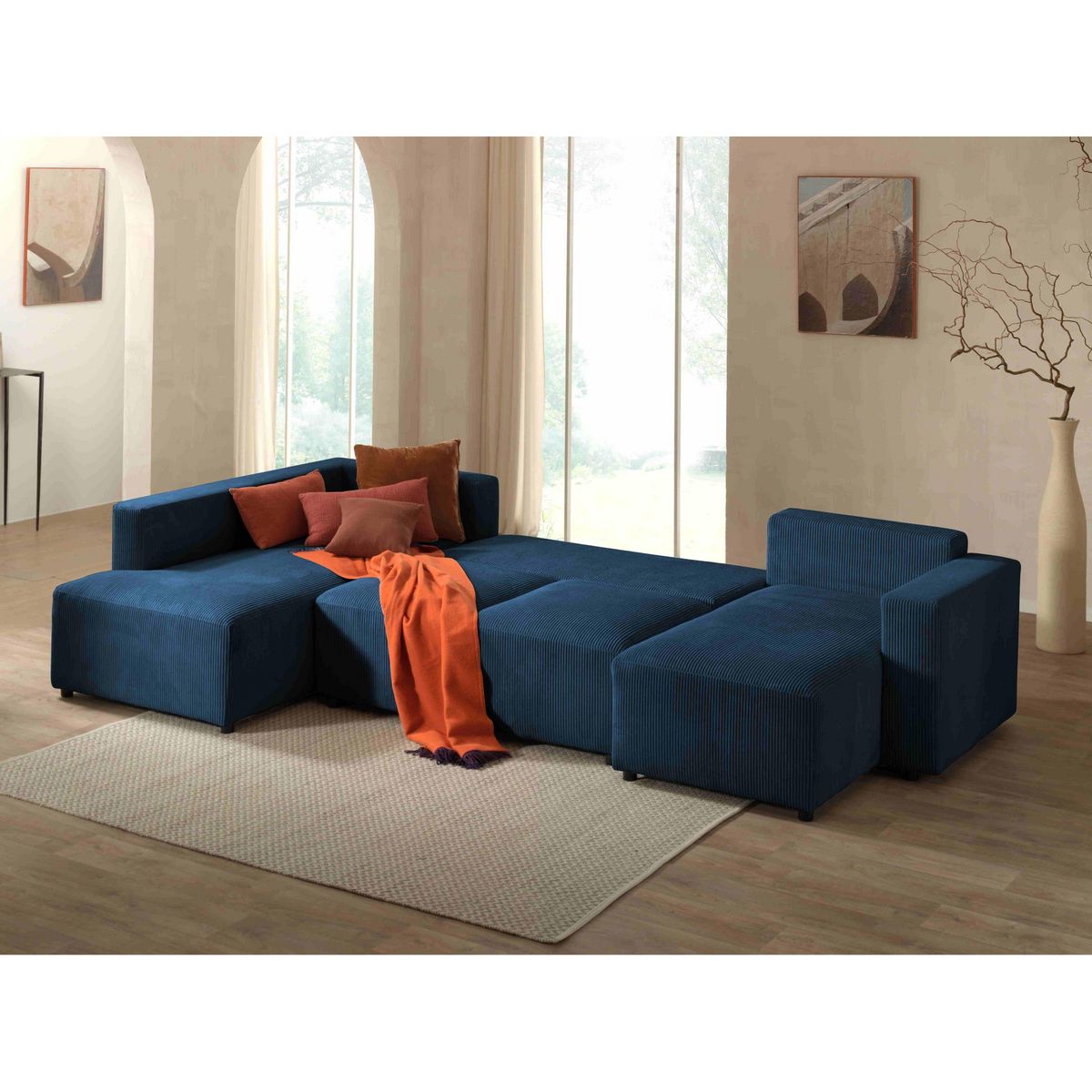 LISA DESIGN Livy - canapé panoramique convertible - avec coffre - en velours côtelé - 7 places - gauche