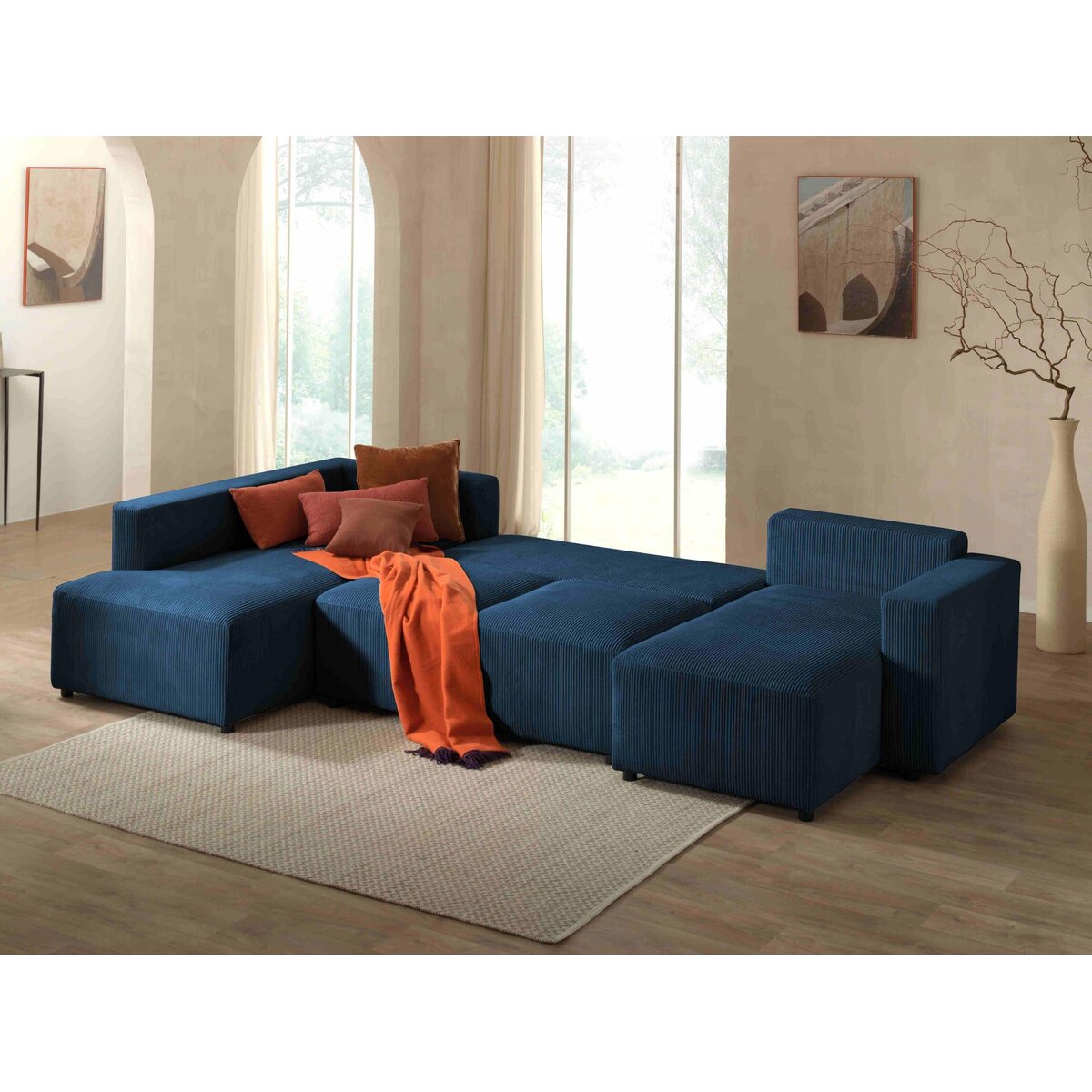 LISA DESIGN Livy - canapé panoramique convertible - avec coffre - en velours côtelé - 7 places - gauche