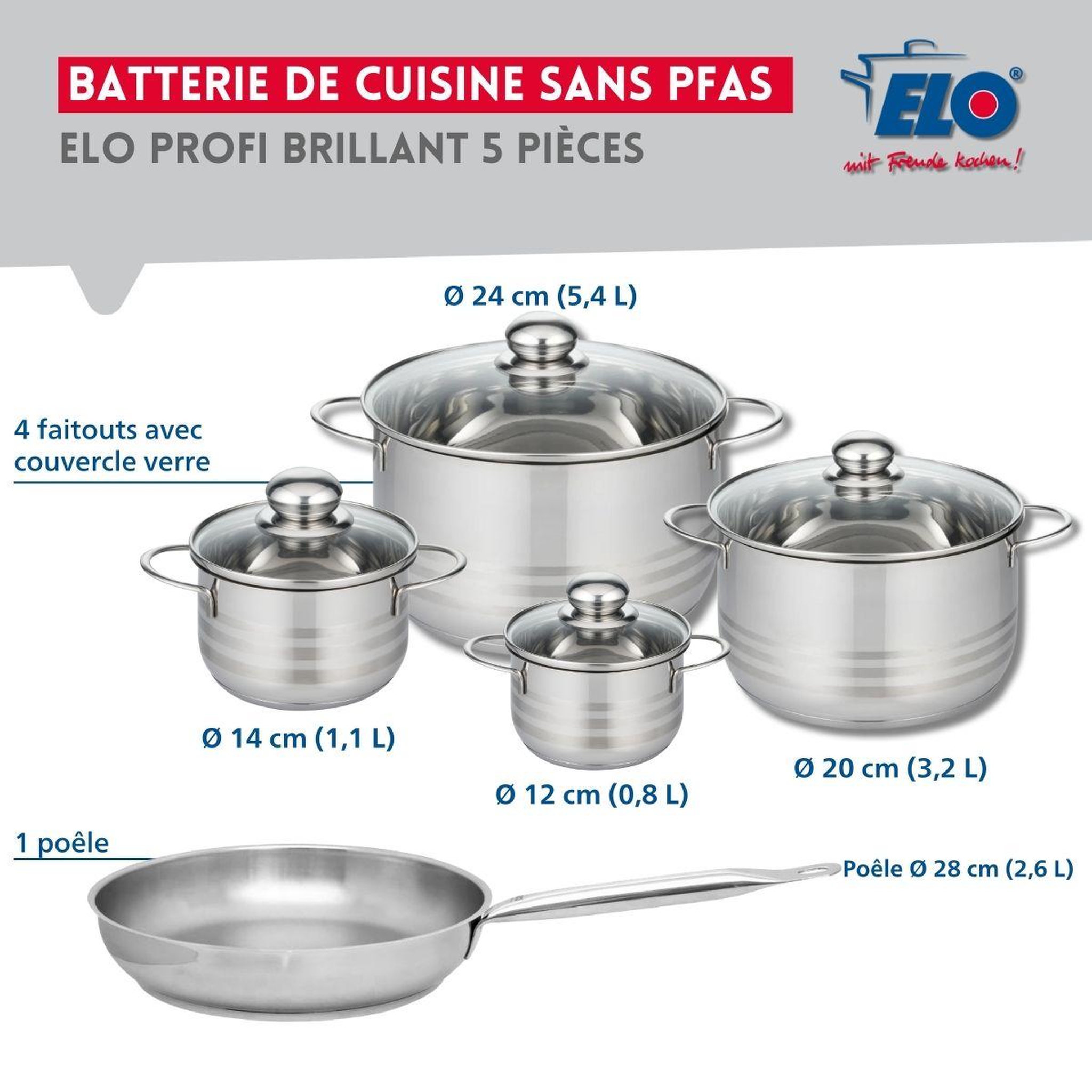 Voir la diapositive 2 : ELO Ensemble de 1 poêle de cuisson 28 cm et 4 faitouts 12, 14, 20 et 24 cm elo profi brillant