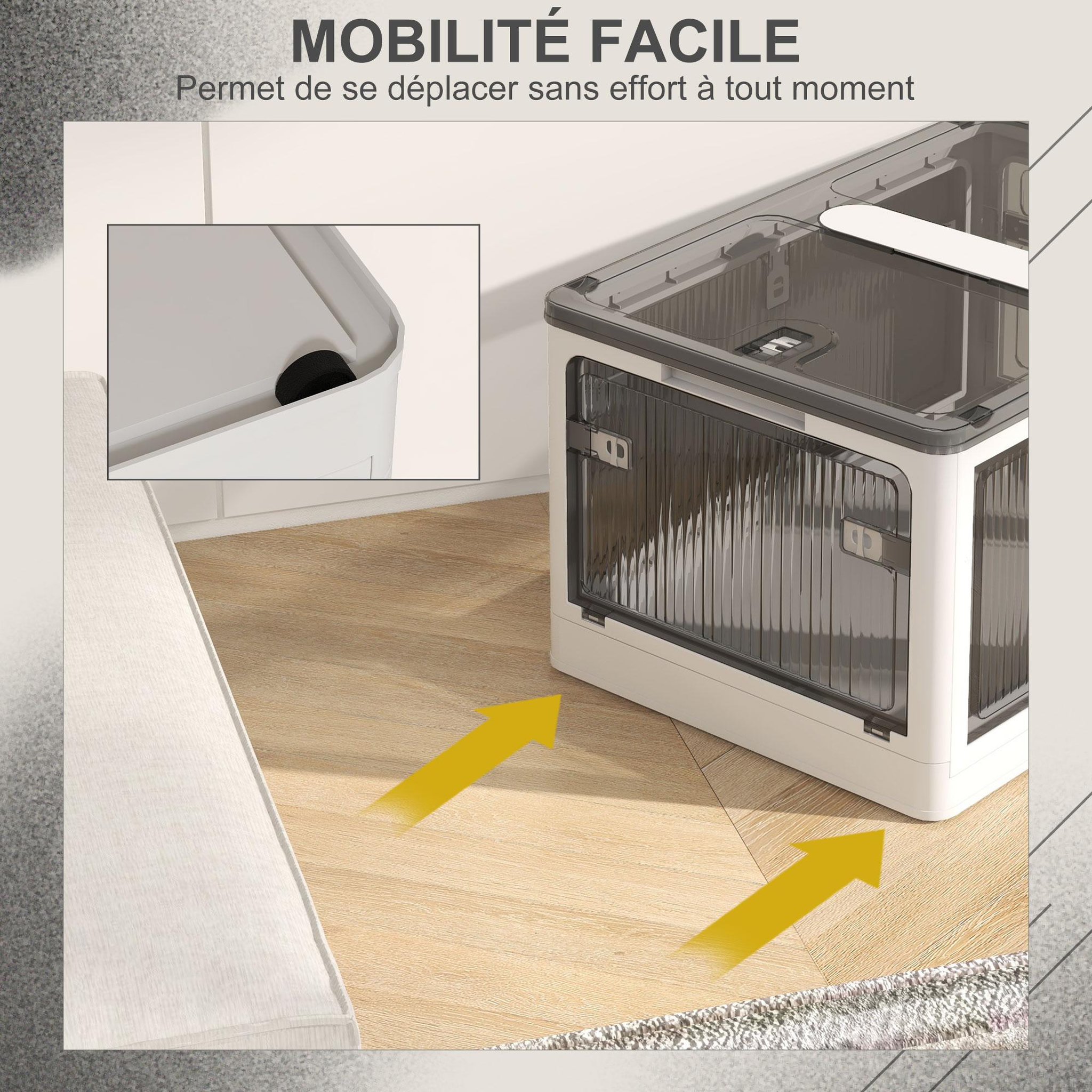 Voir la diapositive 6 : HOMCOM Boîte de rangement plastique 99L pliable empilable couvercle 4 roulettes accès 5 côtés blanc gris