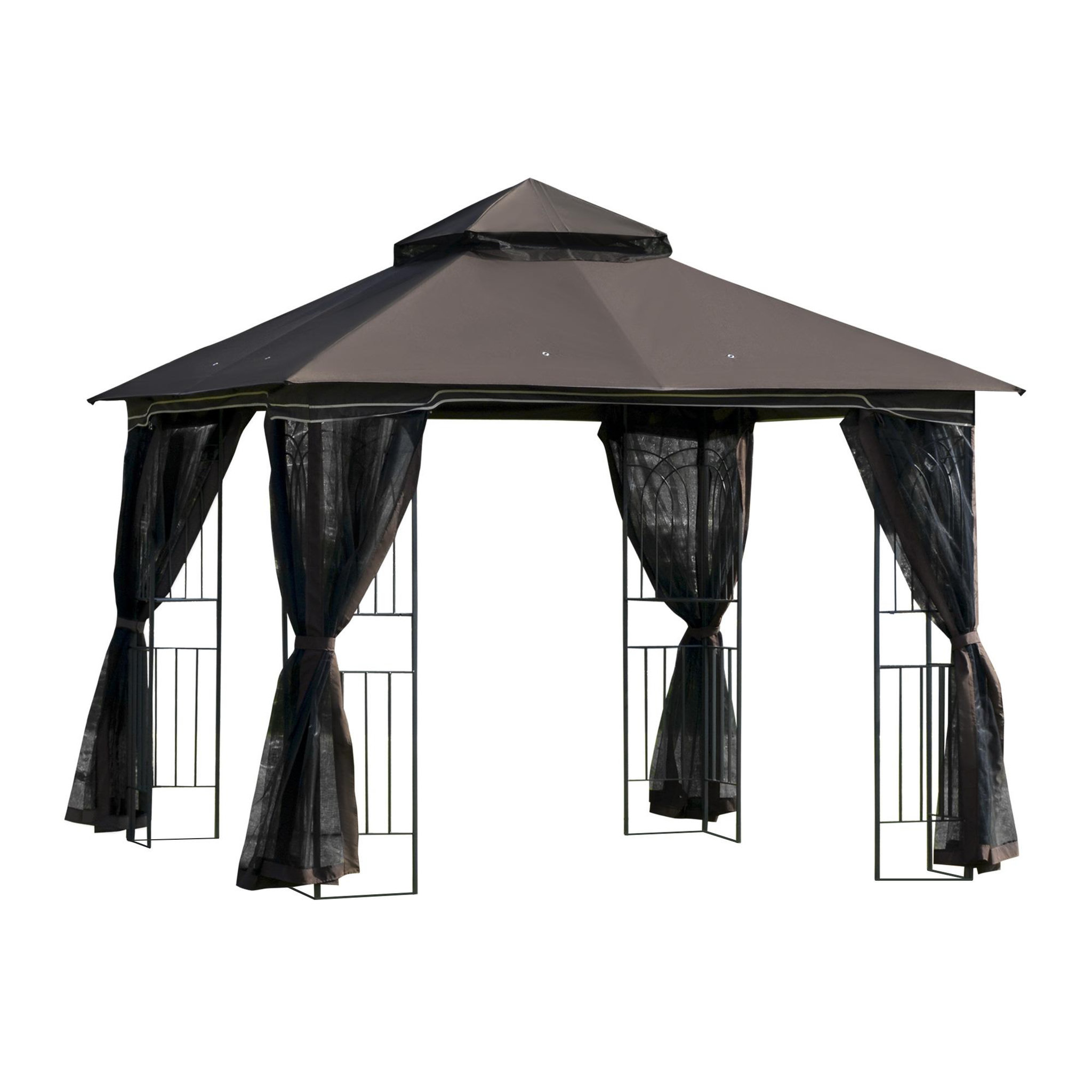 Voir la diapositive 1 : OUTSUNNY Tonnelle barnum style colonial double toit toile moustiquaires amovibles 4 étagères d'angle métal époxy polyester chocolat
