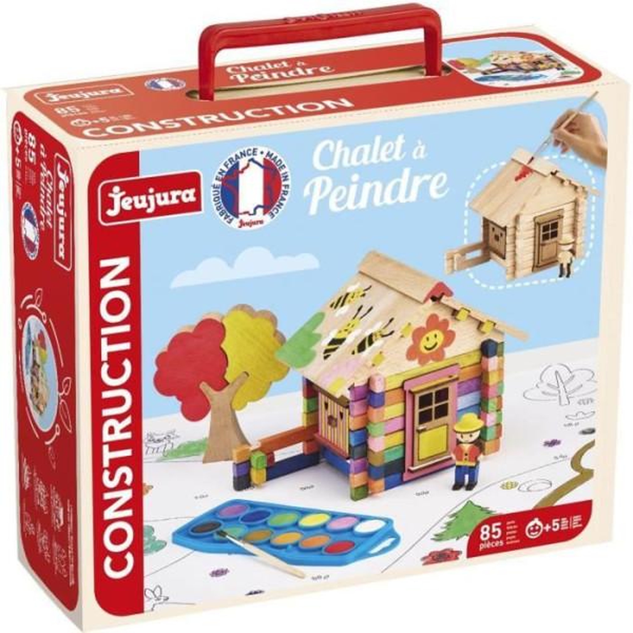 Voir la diapositive 2 : JeuJura Chalet a Peindre 85 Pieces - JEUJURA - Jeu de Construction en Bois Naturel, Accessoires et Peinture Inclus, 26x24x9 cm