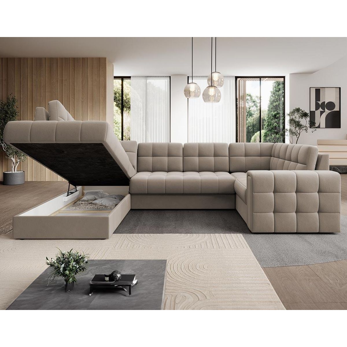 BEST MOBILIER Nappa - canapé panoramique d'angle droit 7 places convertible avec coffre en velours