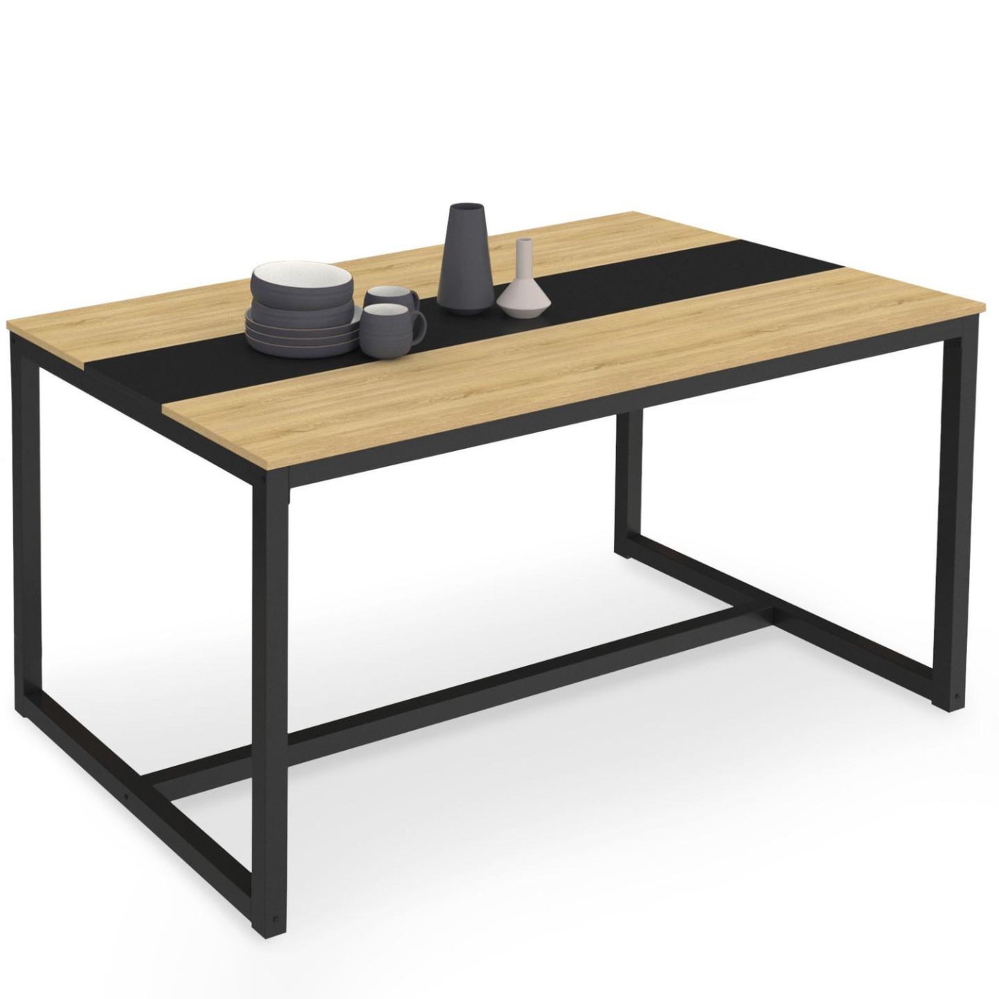 ID MARKET Table à manger rectangle dover 8 personnes bande centrale noire design industriel 150 cm