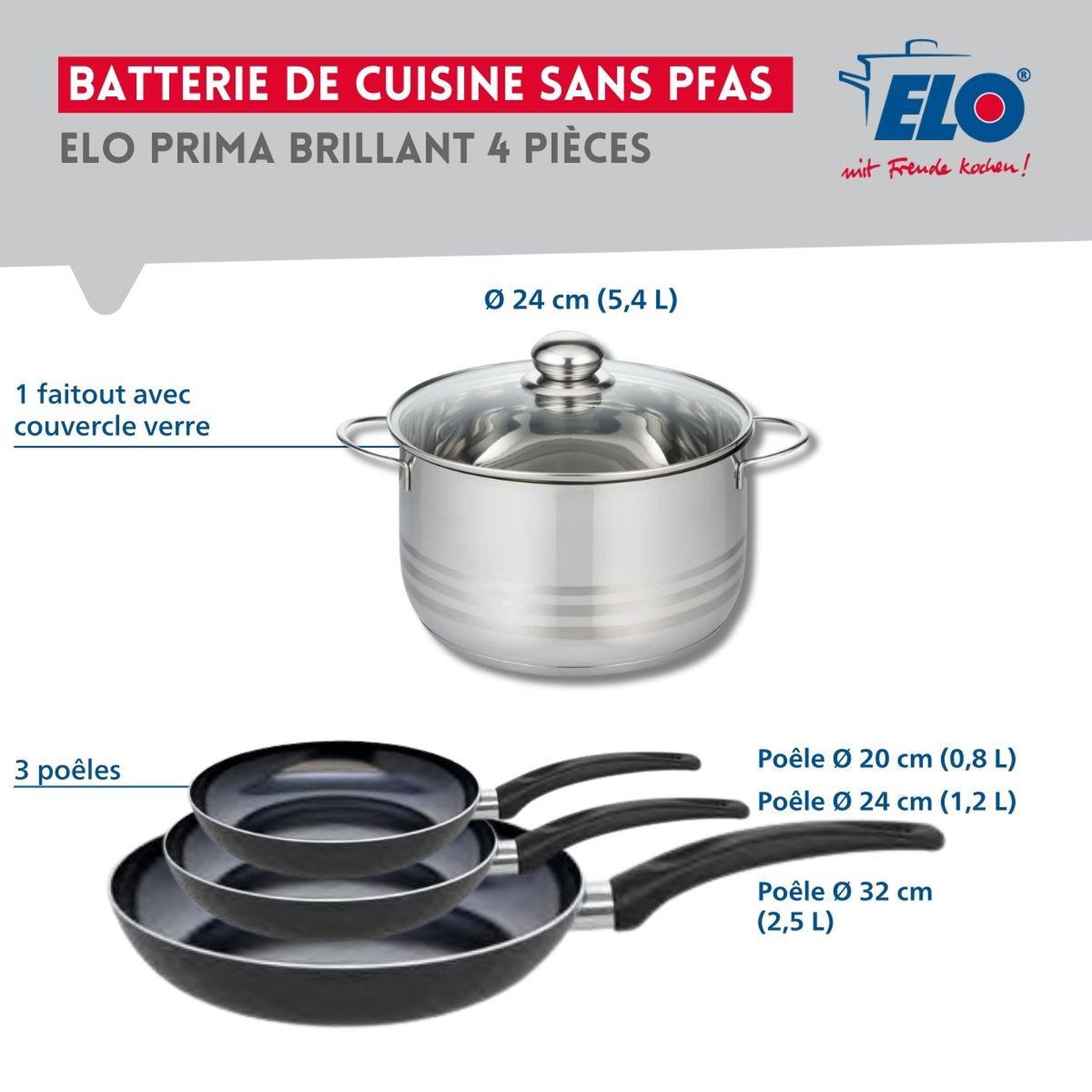 Voir la diapositive 2 : ELO Ensemble de 3 poêles de cuisson 20, 24 et 32 cm et 1 faitout 24 cm elo prima brillant