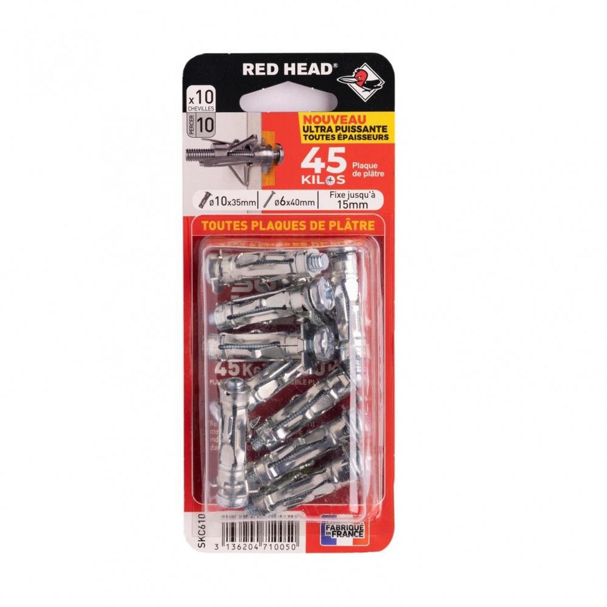 RED HEAD Lot de 10 chevilles Diam. 10 x L.35 mm et vis a expansion RED HEAD, Diam. 6 x L.340 mm