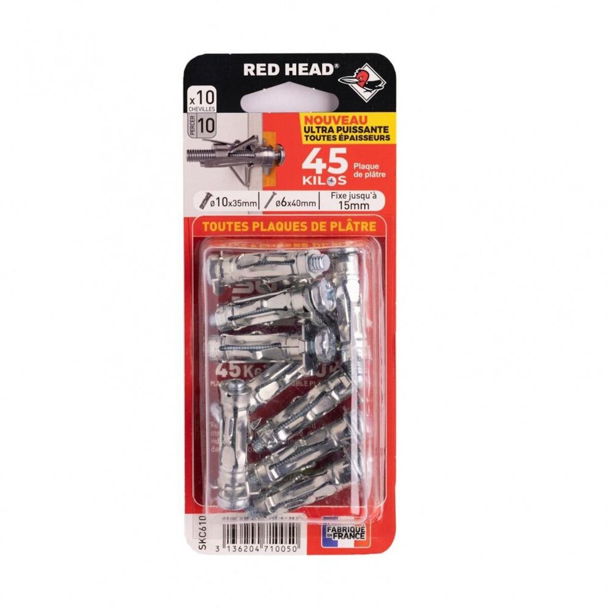 RED HEAD Lot de 10 chevilles Diam. 10 x L.35 mm et vis a expansion RED HEAD, Diam. 6 x L.340 mm