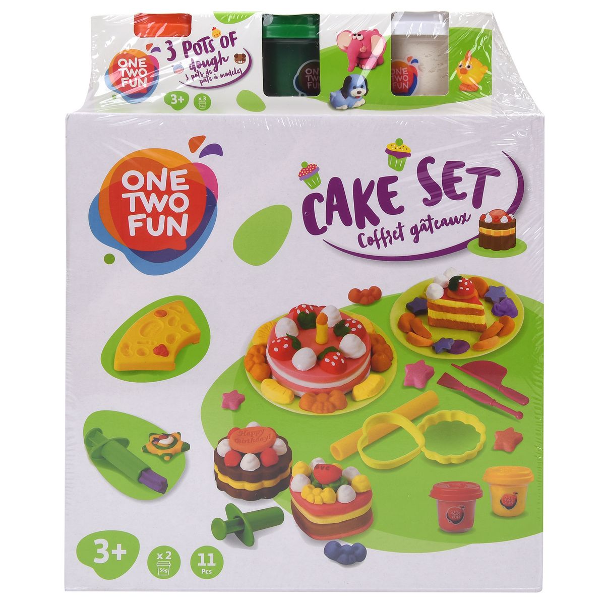 One Two Fun Coffret gâteau - Kit de 2 pots de pâte à modeler avec accessoires + 3 pots bonus