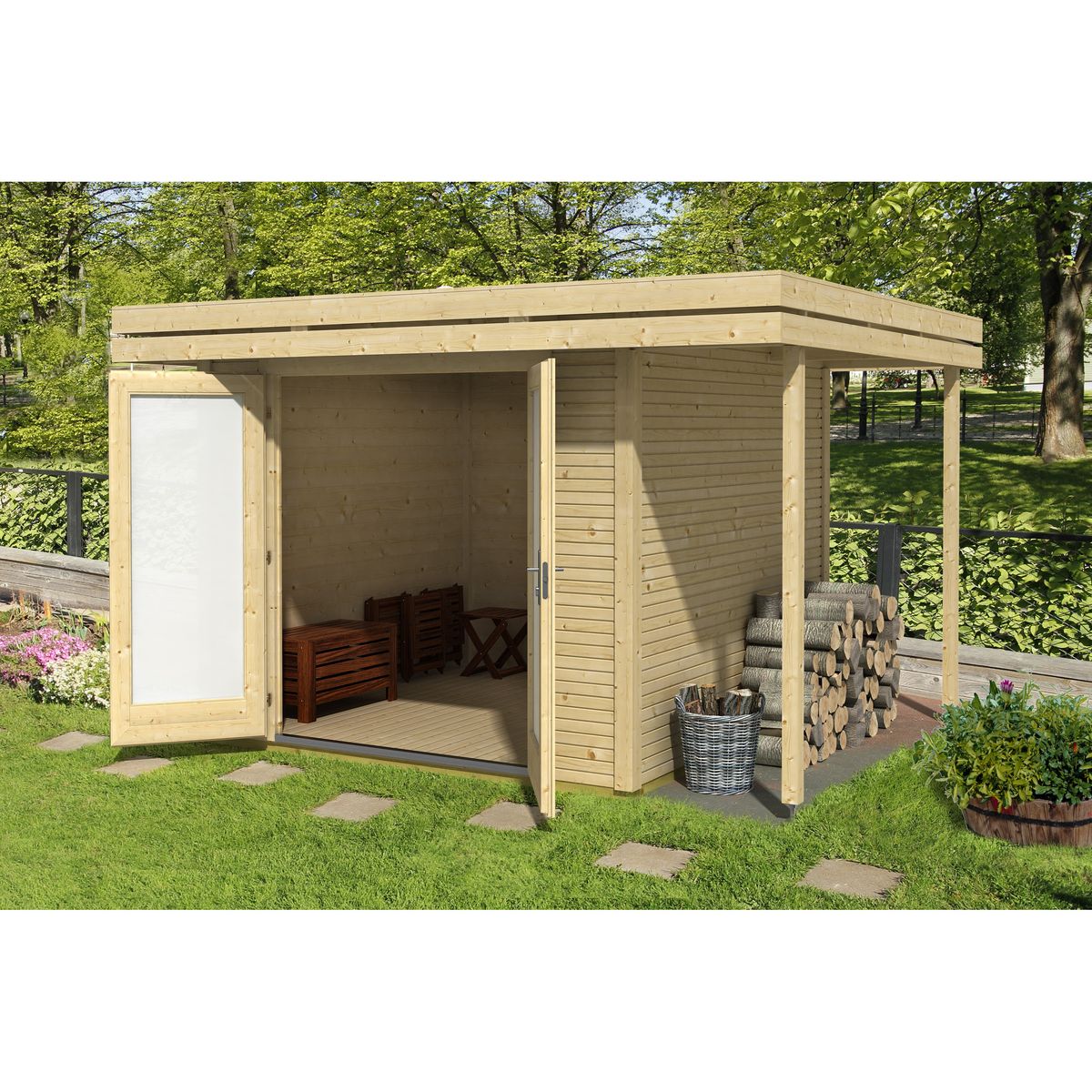 Abri jardin bois ANVERS / toit plat avec auvent / 5.97m² / 28mm