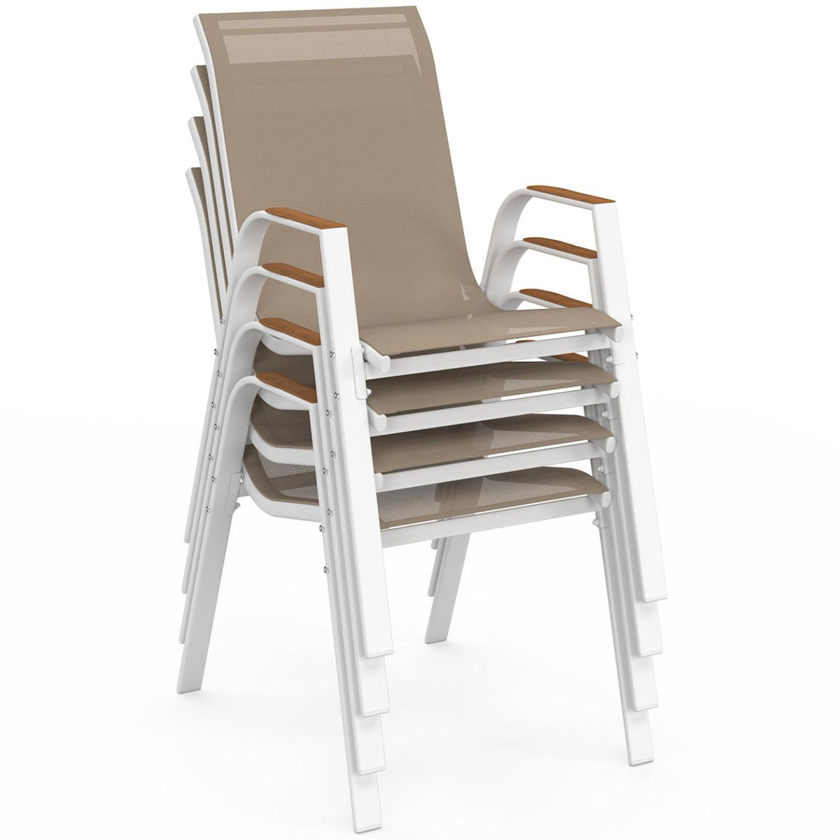 ID MARKET Lot de 4 chaises de jardin NOUMEA métal et textilène empilables blanc et bois