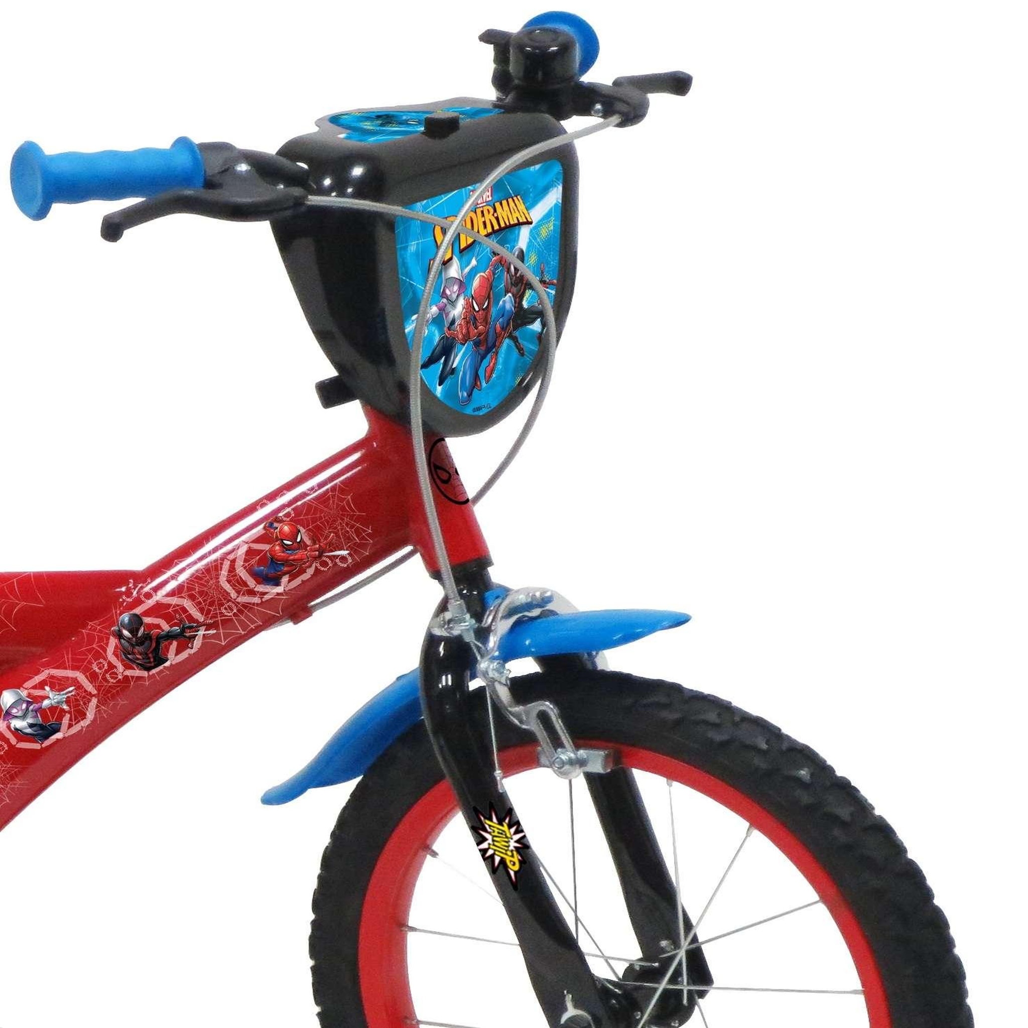 Voir la diapositive 4 : Marvel Vélo enfant 16''  - Modèle Spiderman pour enfant de 105 à 120 cm avec stabilisateurs - Plaque décorative avant - Bidon arrière - 2 freins et Pneus gonflables
