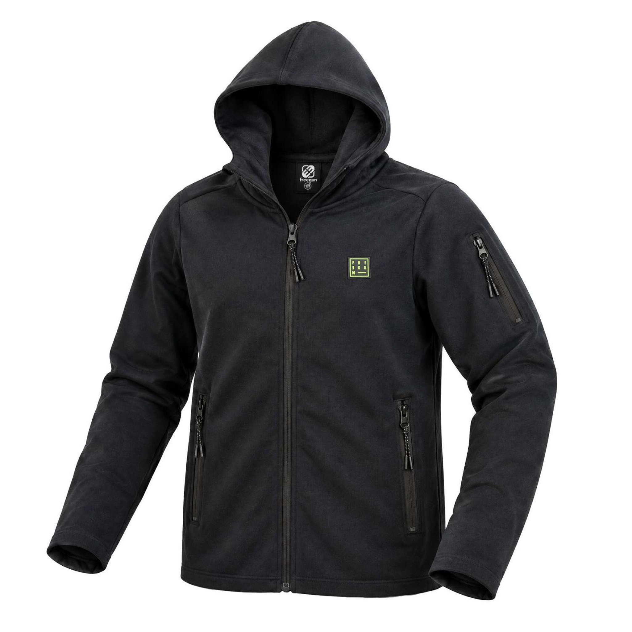 FREEGUN Sweat sport zippé à capuche junior en interlock et patch rubber clyde. Coloris disponibles : Noir