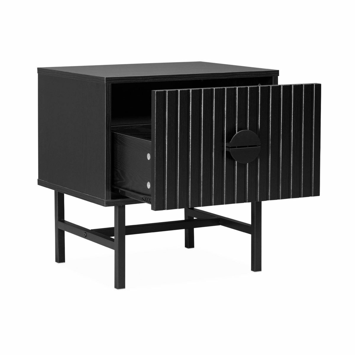 SWEEEK Table de chevet noire décor bois rainuré. un tiroir. L 48 x l 39 x H 50cm