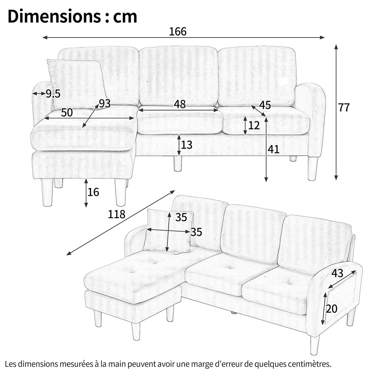 MERAX Canapé d'angle réversible fixe 3 places tissu