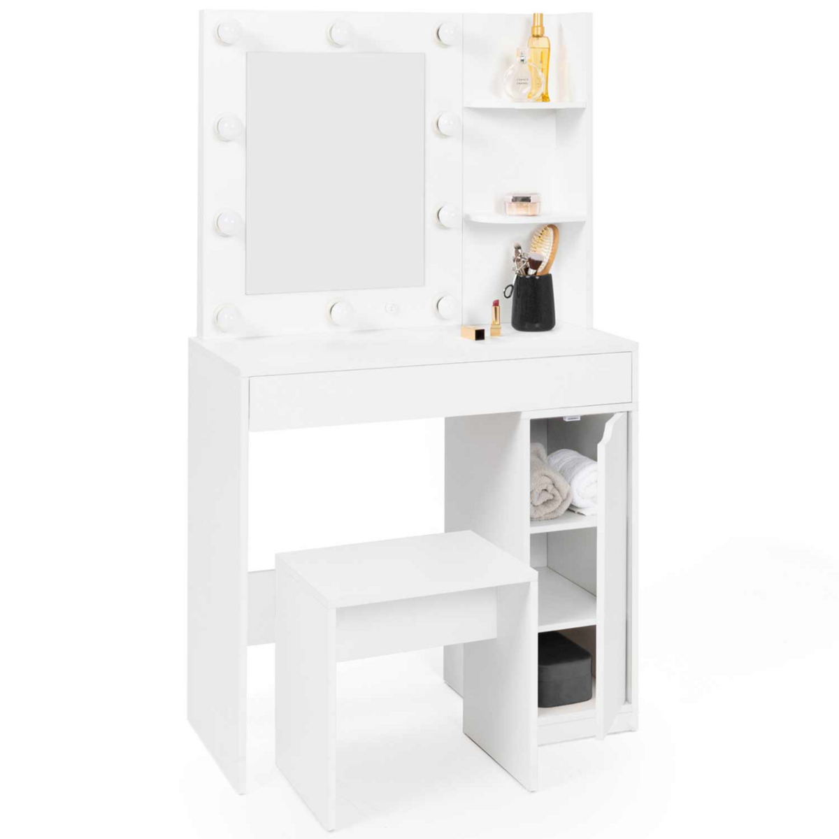 ID MARKET Coiffeuse ZELIA miroir LED avec 1 tiroir, étagères, caisson de rangement et tabouret