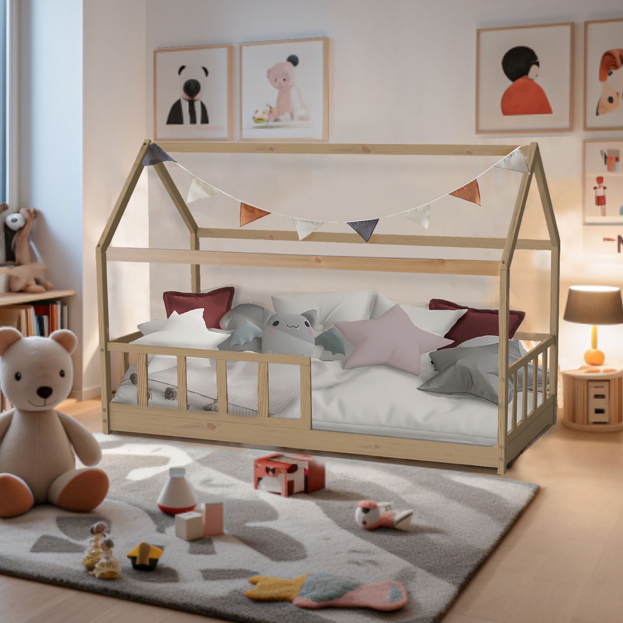 Lit cabane 90 x 190 cm + sommier + barrière TIKI. Coloris disponibles : Blanc, Bois