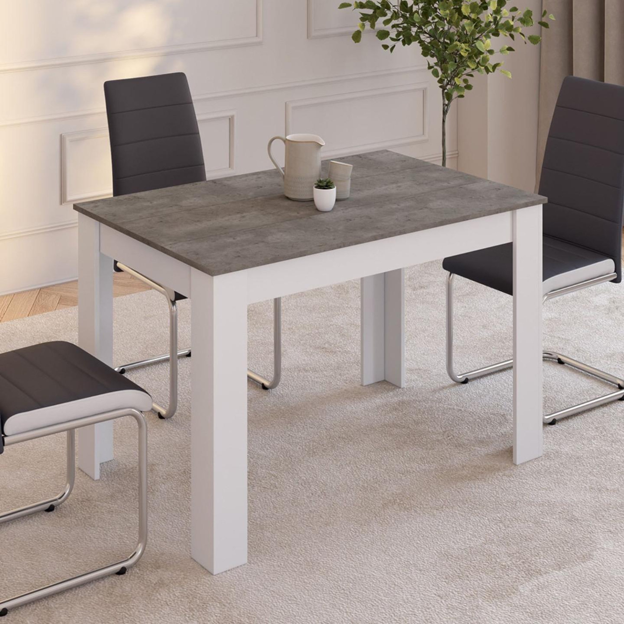 Voir la diapositive 2 : ID MARKET Table à manger rectangle rozy 4 personnes blanc plateau effet béton 110 cm
