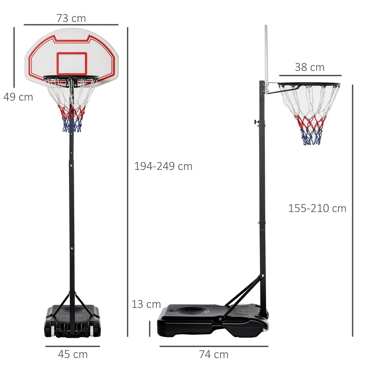 HOMCOM Panier de Basket-Ball sur pied avec poteau panneau, base de lestage sur roulettes hauteur réglable 1,9 - 2,5 m noir blanc