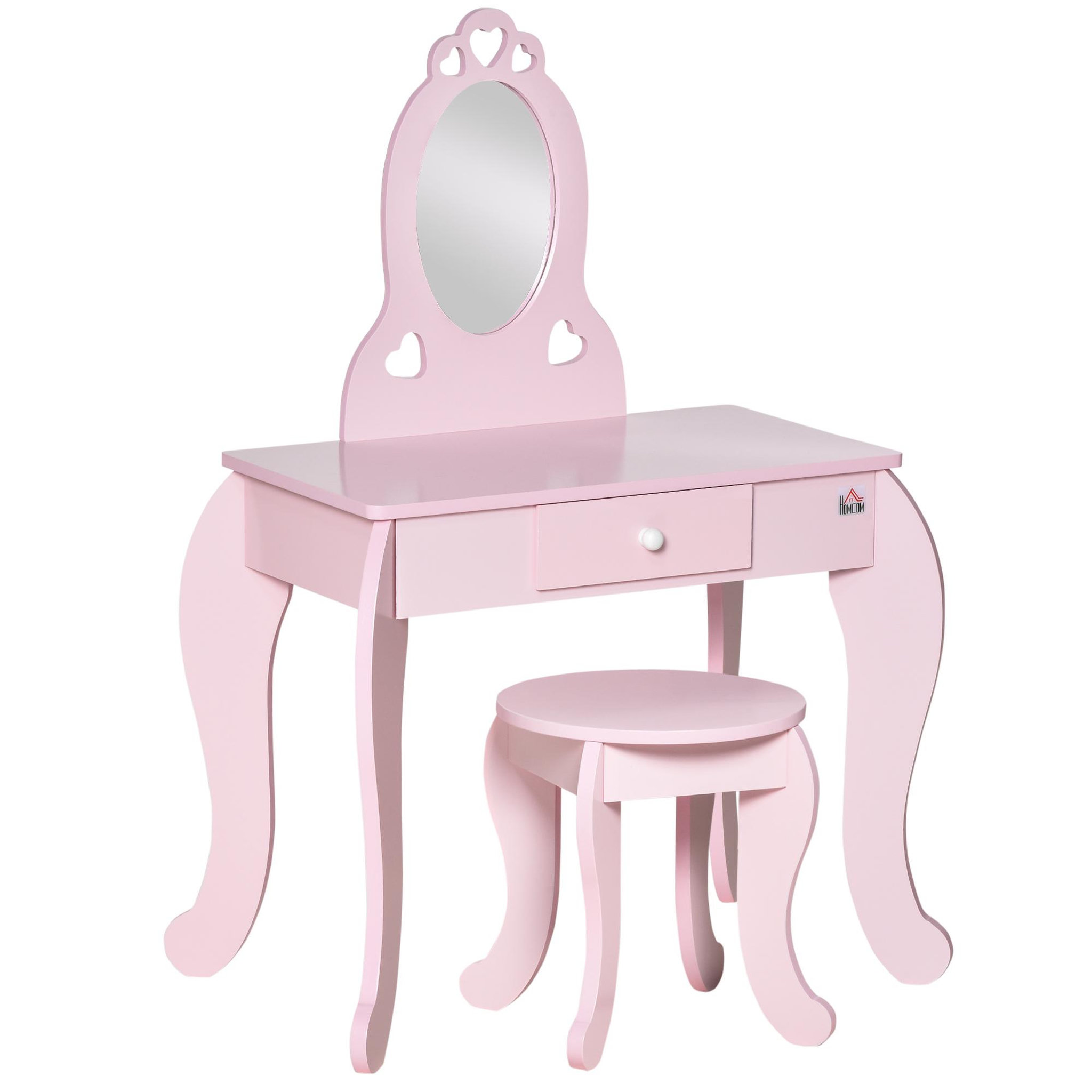 Voir la diapositive 1 : HOMCOM Coiffeuse enfant design girly avec motifs à coeur - tabouret inclus - dim. 60L x 36l x 88H cm - tiroir, miroir - MDF - rose