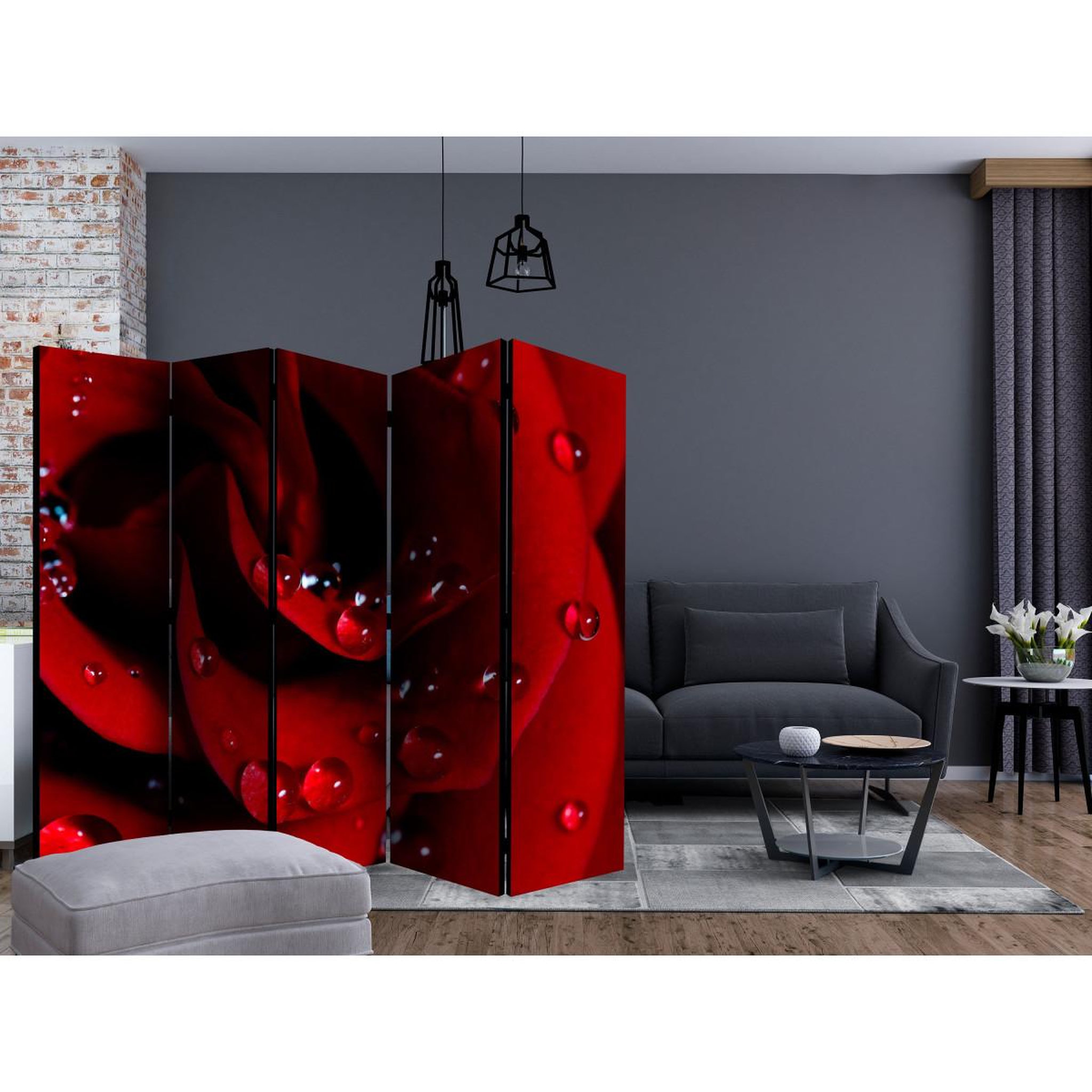 Voir la diapositive 2 : Paris Prix Paravent 5 volets  red rose with water drops  172x225cm