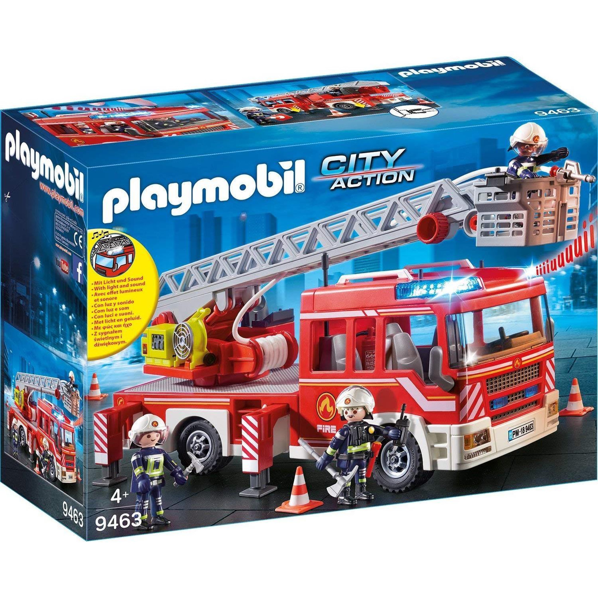Voir la diapositive 2 : PLAYMOBIL Set de : Pompiers avec coussin de sauvetage + Camion de pompiers avec échelle pivotante
