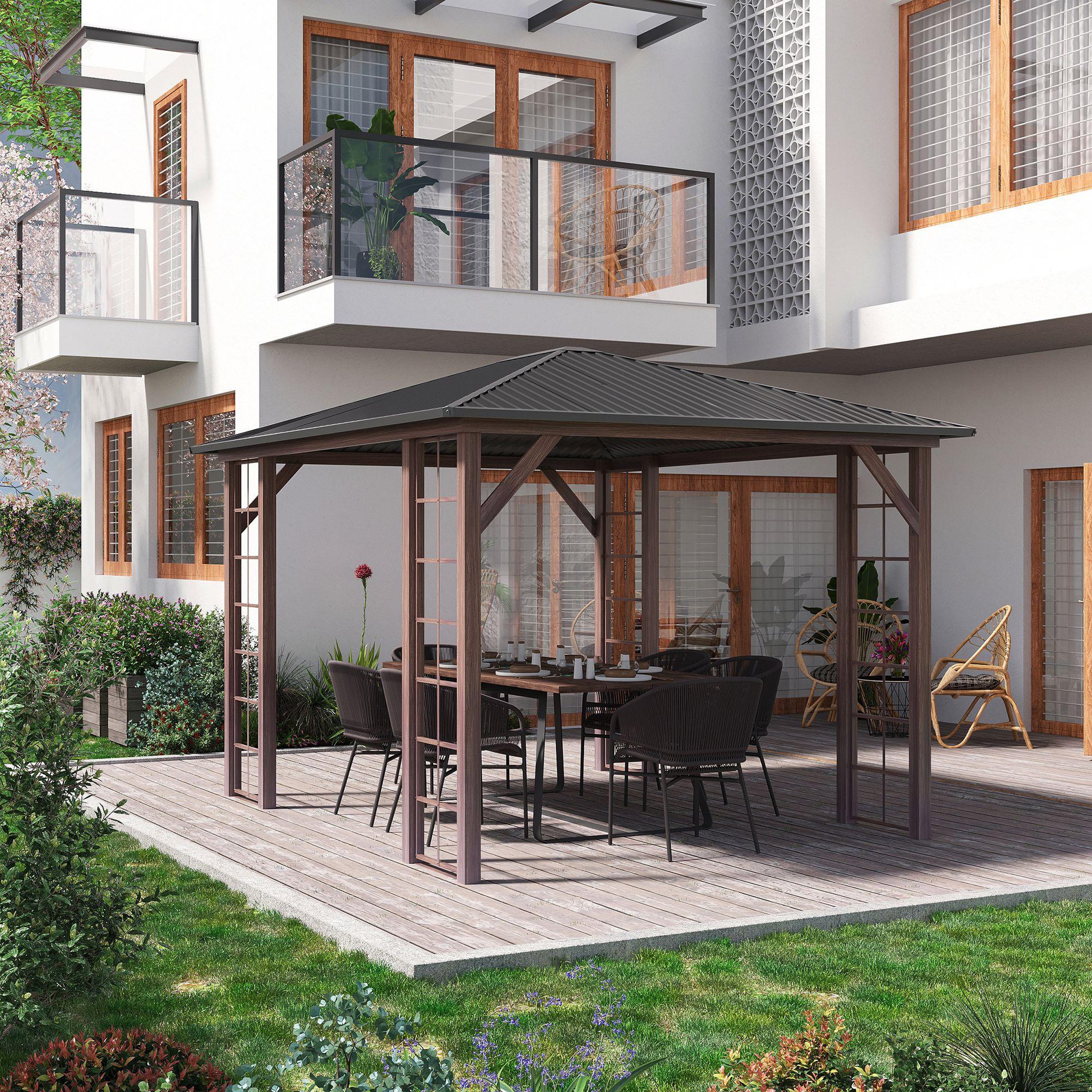 Voir la diapositive 2 : OUTSUNNY Pergola pavillon de jardin avec toit rigide imperméable - dim. 364L x 299l x 280H cm - métal aspect bois gris foncé