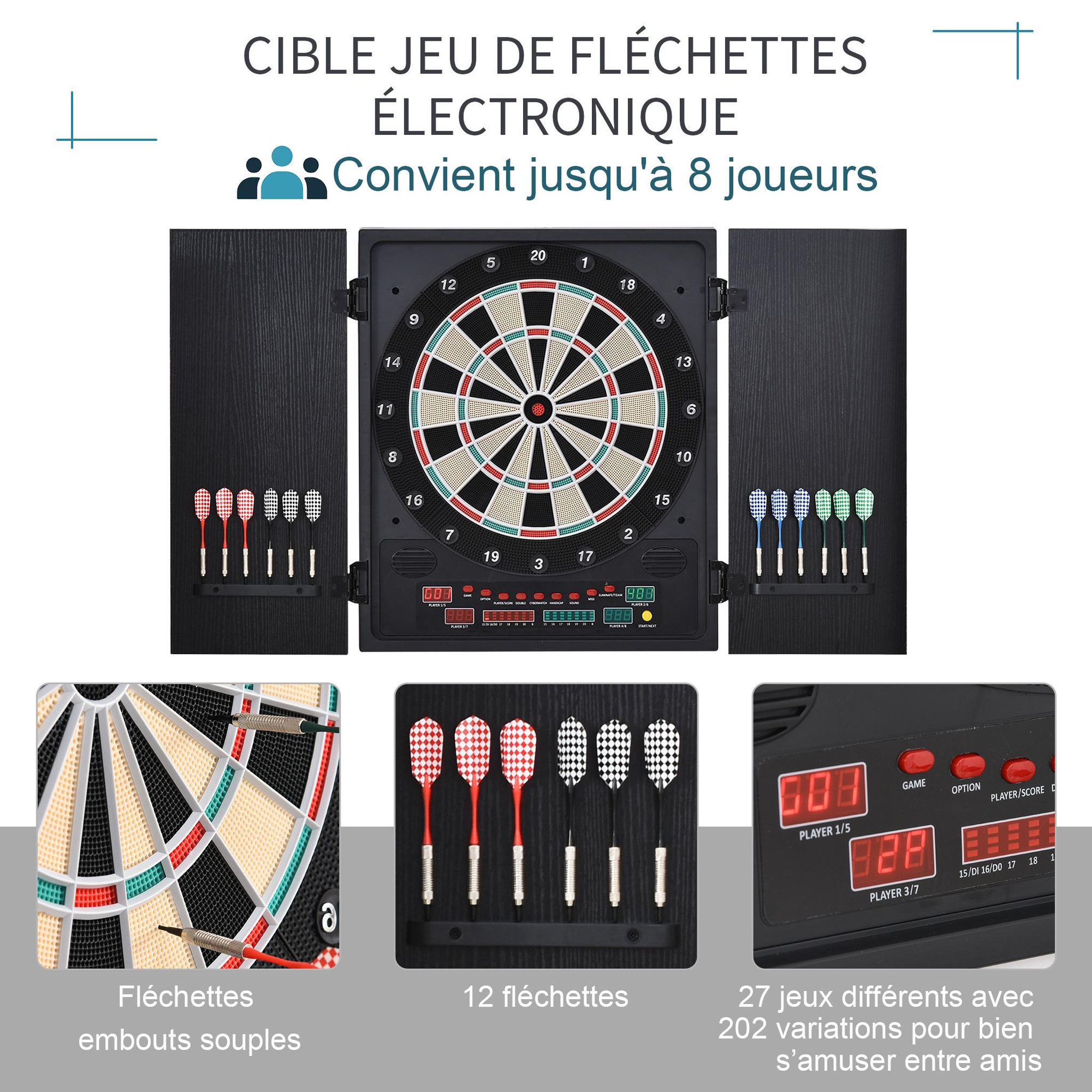 Voir la diapositive 4 : HOMCOM Cible jeu de fléchettes électronique refermable 27 jeux 202 variations jusqu'à 8 joueurs affichage LED haut-parleur noir