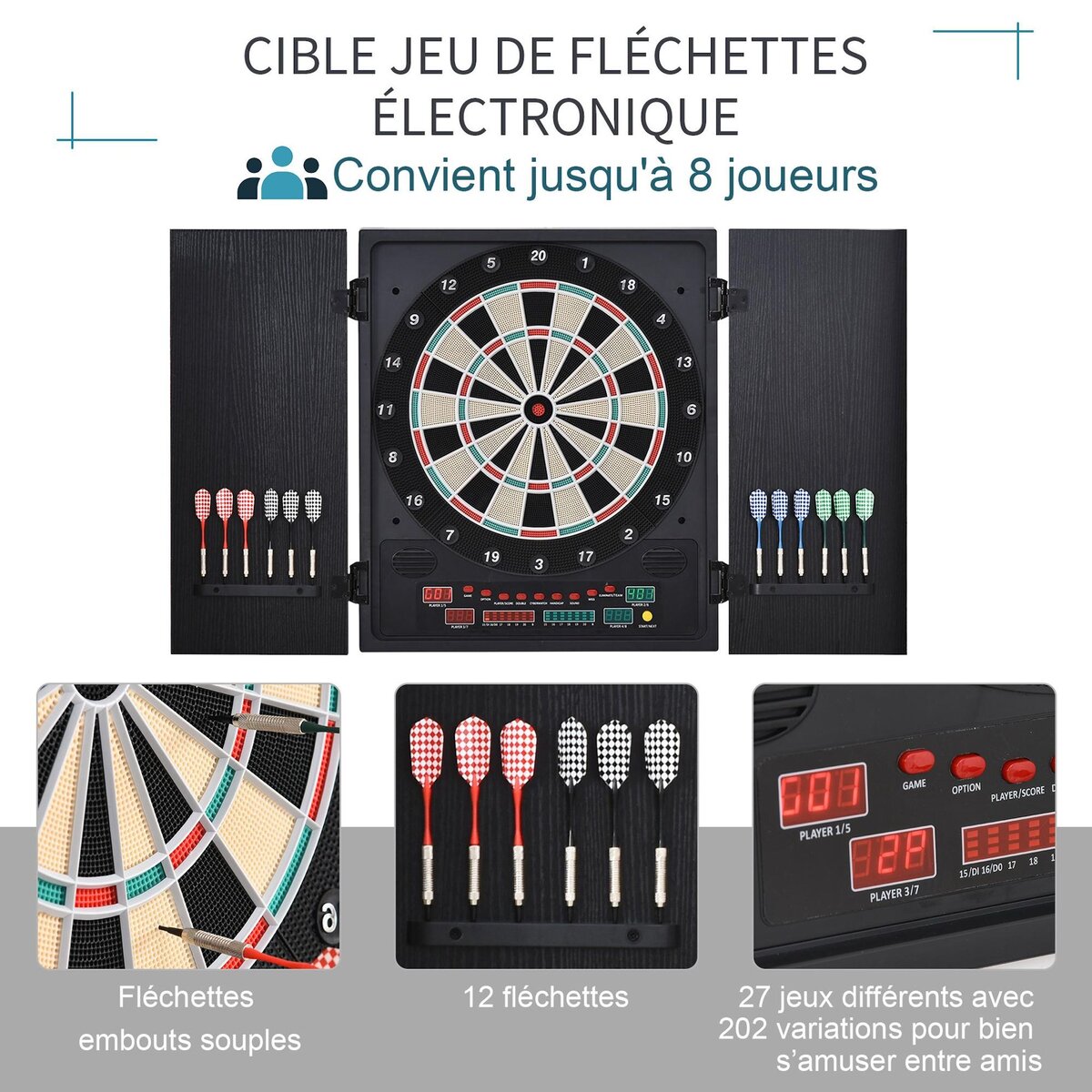HOMCOM Cible jeu de fléchettes électronique refermable 27 jeux 202 variations jusqu'à 8 joueurs affichage LED haut-parleur noir