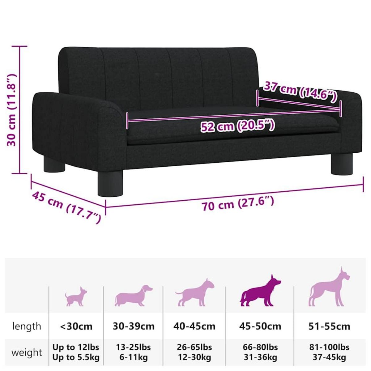 VIDAXL Lit pour chien noir 70x45x30 cm tissu