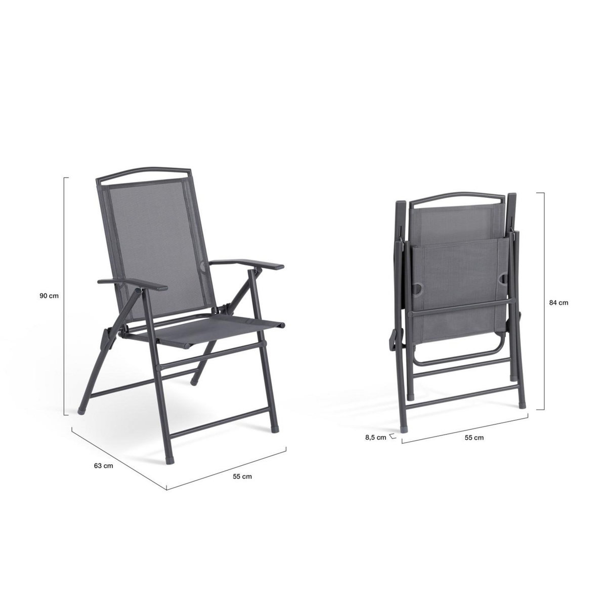 ID MARKET Lot de 4 chaises de jardin pliantes avec accoudoirs ALGHERO métal et textilène gris anthracite