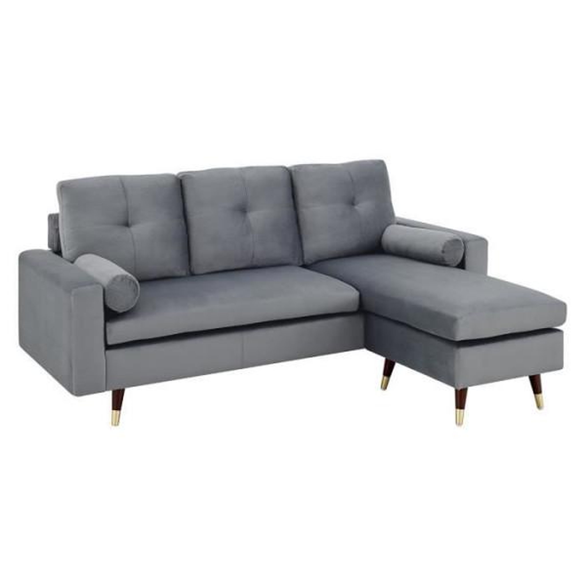Voir la diapositive 3 : MARKET24 Canapé d'angle fixe réversible - Tissu gris - L 194 x P 139 x H 83 - Pieds bois et doré - NEW YORK