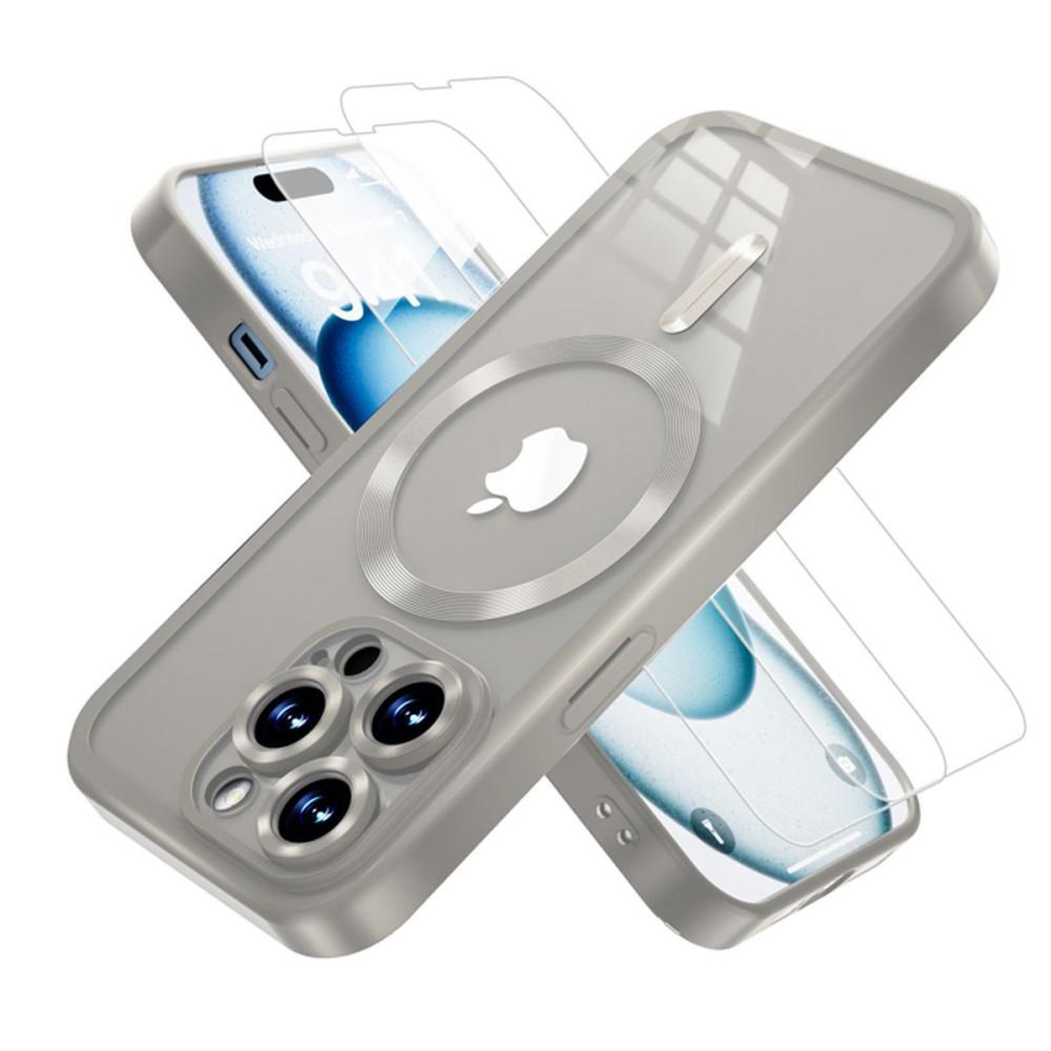 Coque TPU pare-chocs magnétique iPhone 14 Pro Max style militaire, transparent gris, protection anti-chocs, aimant charge sans fil