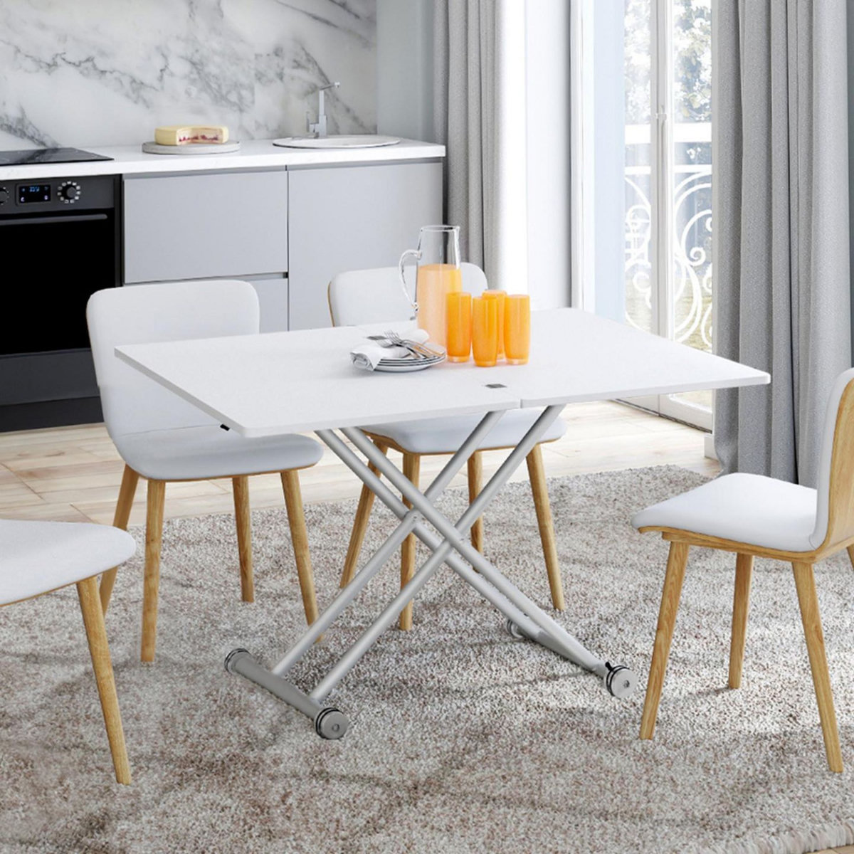 ID MARKET Table basse extensible relevable en table à manger rectangulaire URBANA plateau blanc pied chrome