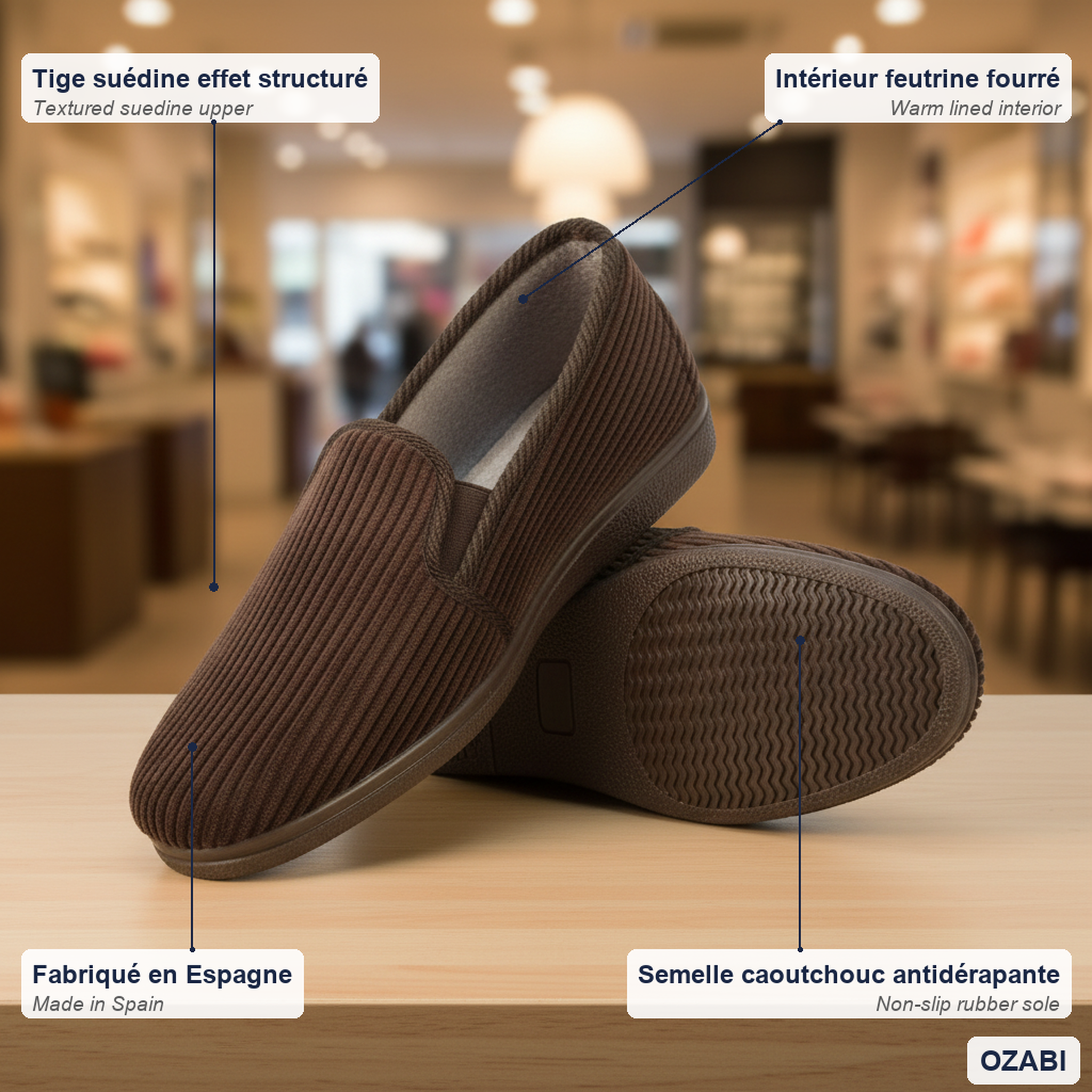 Voir la diapositive 5 : OZABI Ozabi pantoufles charentaises homme fabriquées en espagne, effet structuré