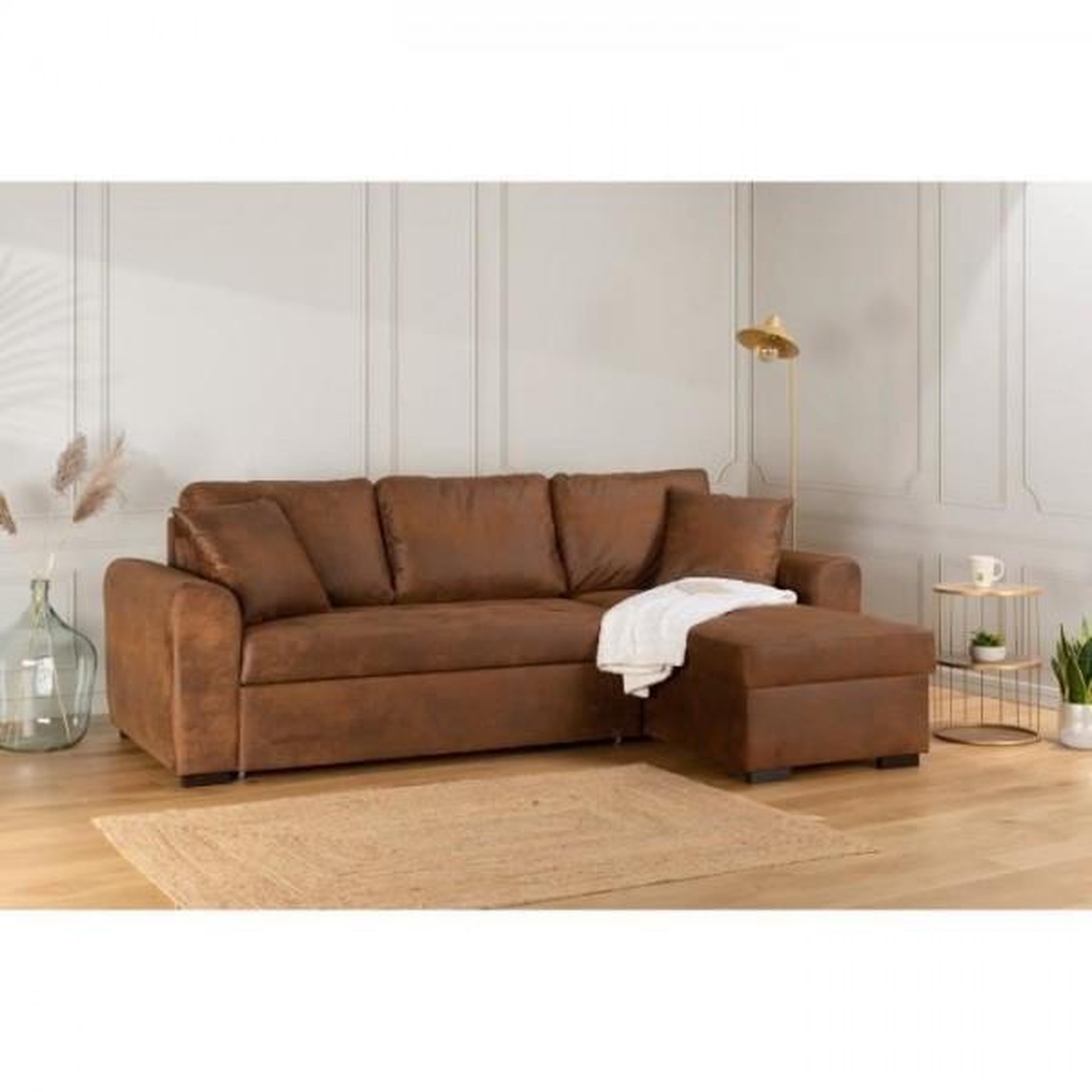Voir la diapositive 2 : MARKET24 Canapé d'angle convertible réversible 4 places - Tissu Marron vintage - L 244 x P 151 x H 90 -HAMILTON -Fabriqué en Ukraine