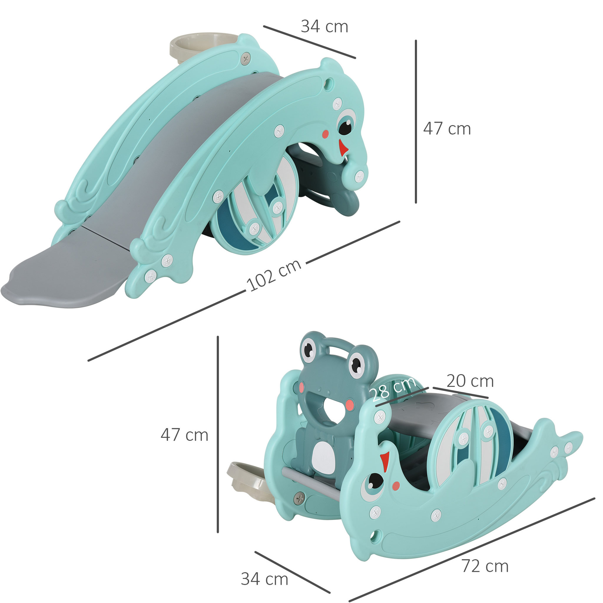 Voir la diapositive 3 : HOMCOM Cheval à bascule grenouille 3 en 1 toboggan panier basket 3 à 5 ans dim. 72L x 34l x 47H cm bleu turquoise