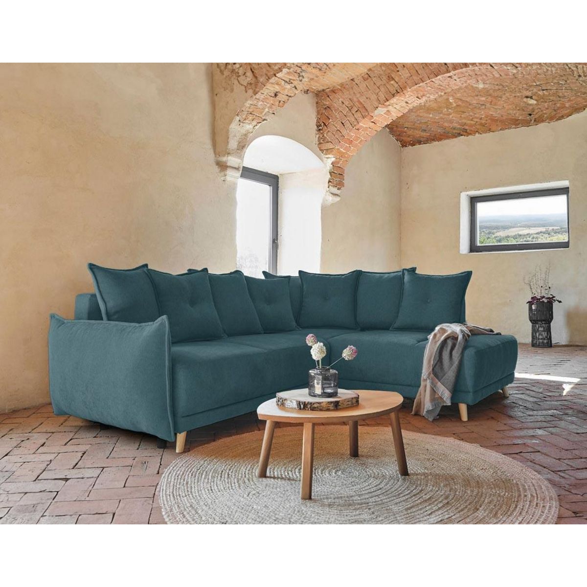 BEST MOBILIER Lena - canapé d'angle droit convertible - 5 places - bleu canard - style scandinave - bleu canard