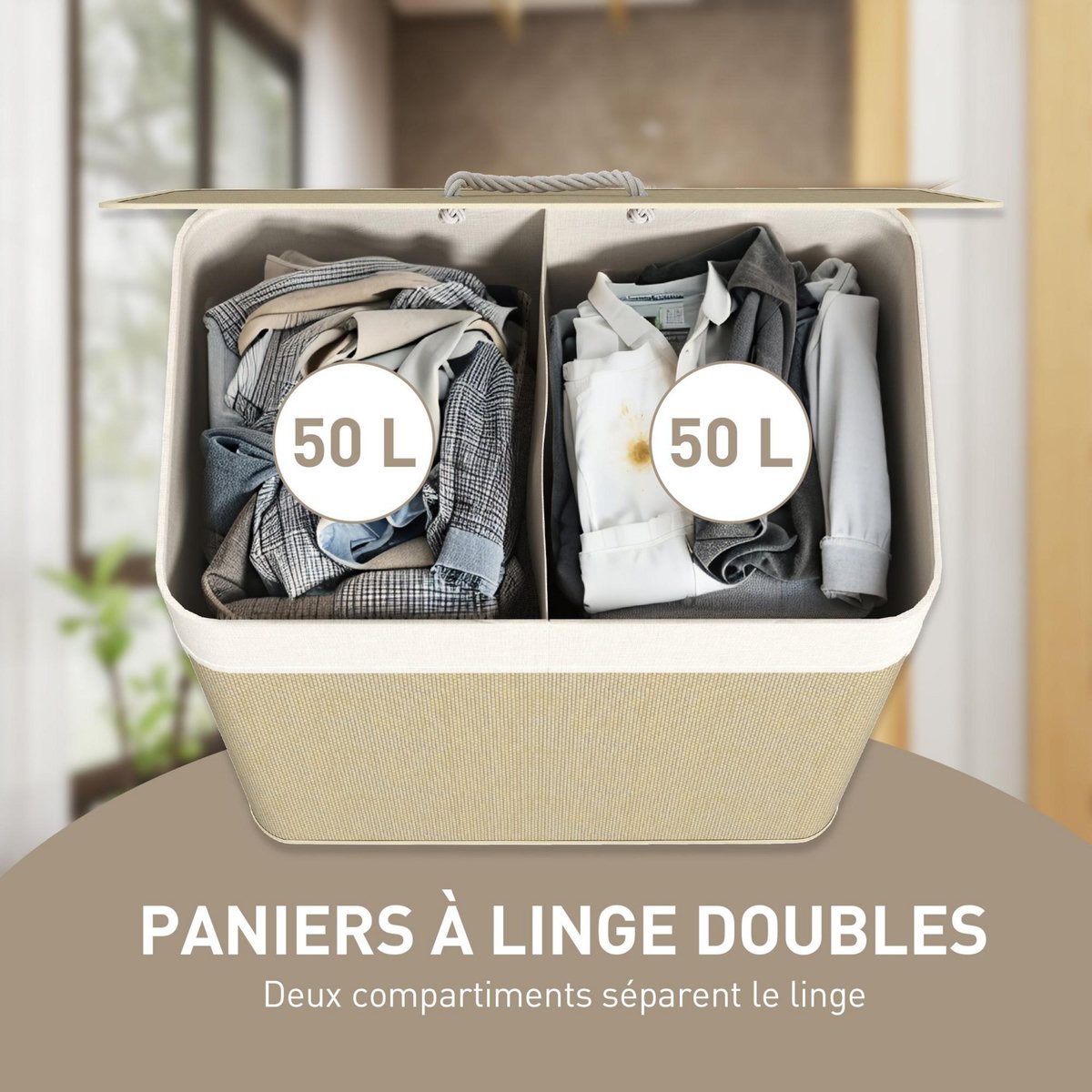 HOMCOM Panier à linge double 100L - corbeille à linge avec couvercle et poignées - tissage bambou écru