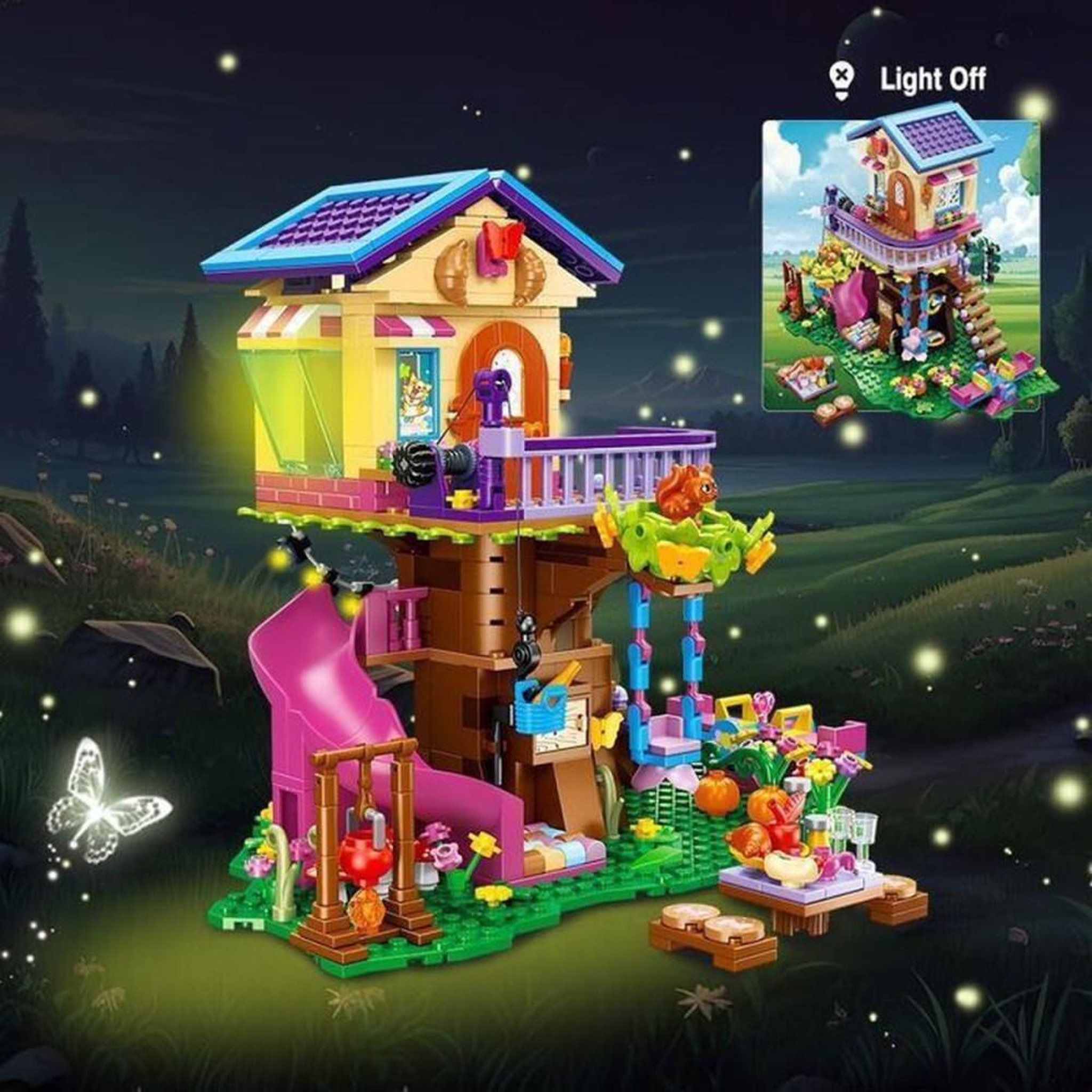 Voir la diapositive 2 : Kit de construction cabane dans les arbres 3 étages avec LED, toboggan et accessoires, 618 pièces, pour enfants dès 8 ans