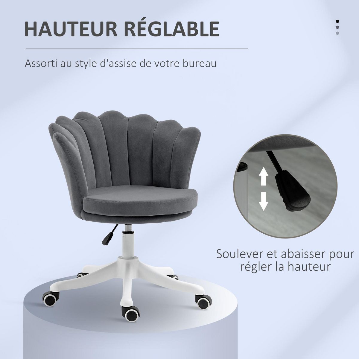 VINSETTO Chaise de bureau design coquillage - hauteur réglable, pivotante - revêtement velours grand confort gris