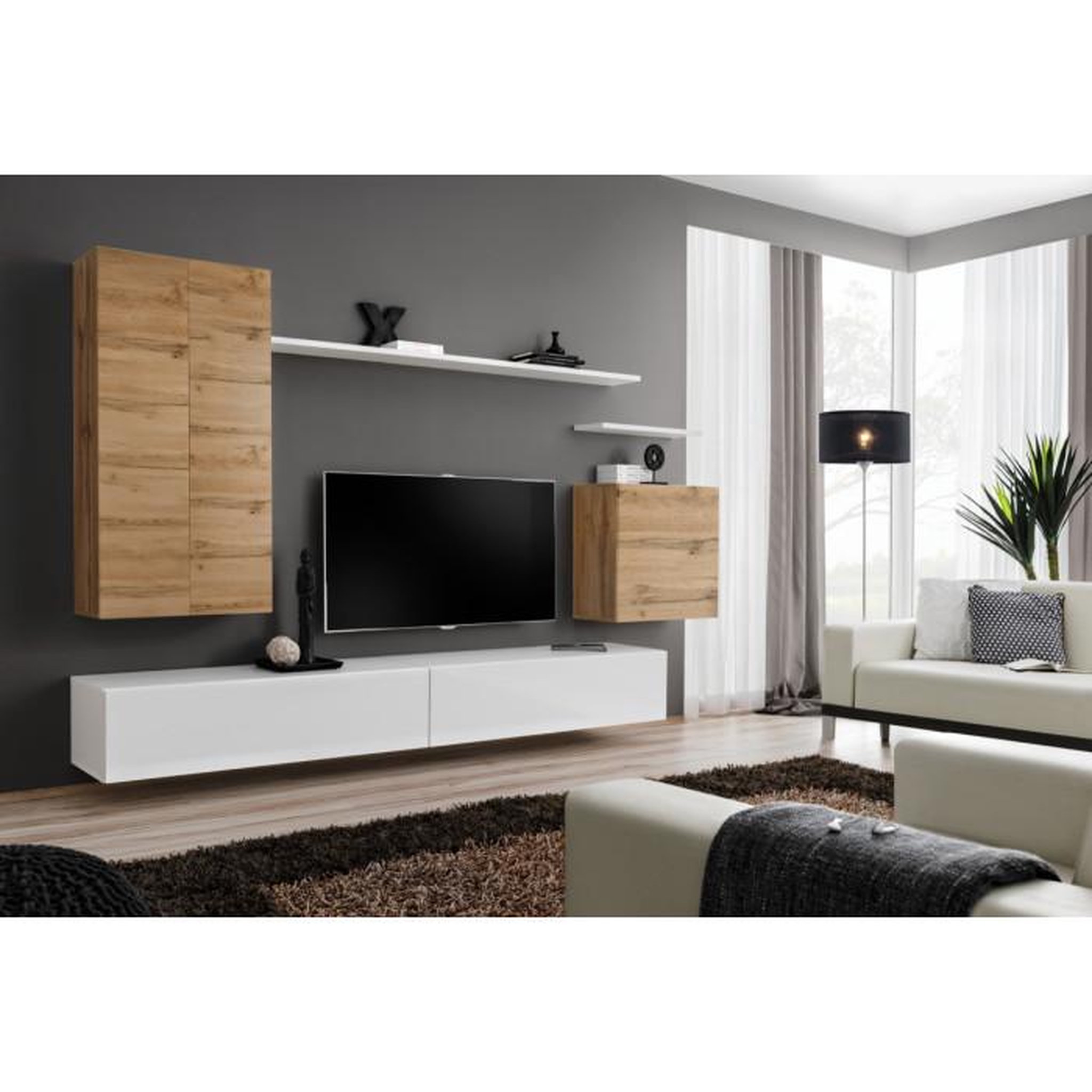 Voir la diapositive 2 : Paris Prix Meuble TV Mural Design  Switch II  270cm Naturel & Blanc