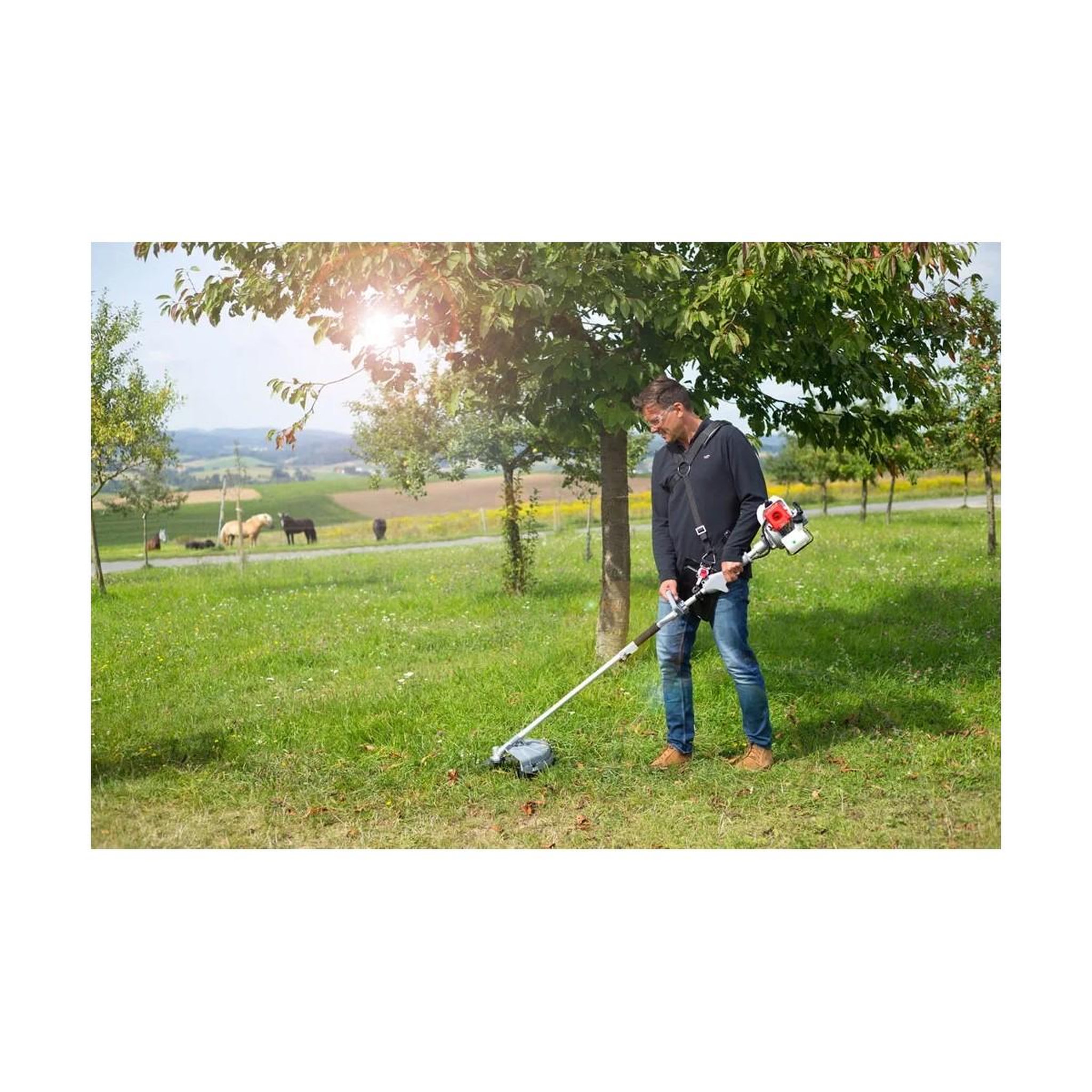 Voir la diapositive 2 : Ikra Outils de jardin multifonction thermique 4en1 taille haie + élagueuse + débroussailleuse (lame et bobine) harnais confort ikra