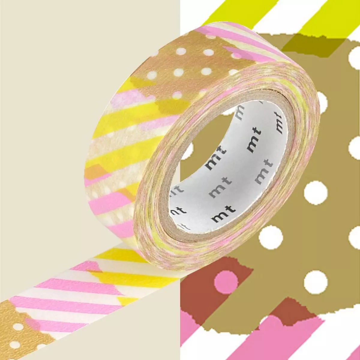 Masking Tape (MT) Masking tape à pois et rayures - Rose et jaune - 1,5 cm x 7 m