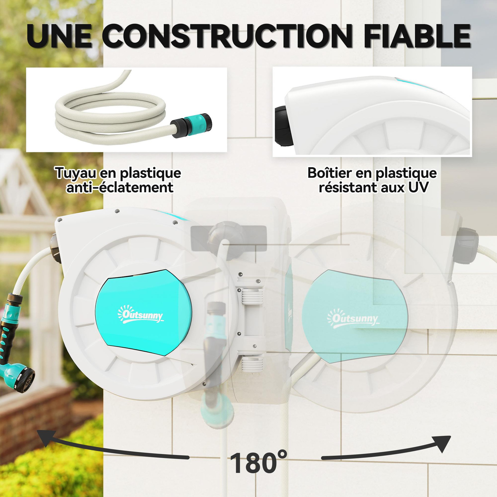 Voir la diapositive 6 : OUTSUNNY Dévidoir mural enrouleur automatique pivotant 180° tuyau 35 + 2 m avec lance arrosage 7 modes support mural intégré gris clair bleu