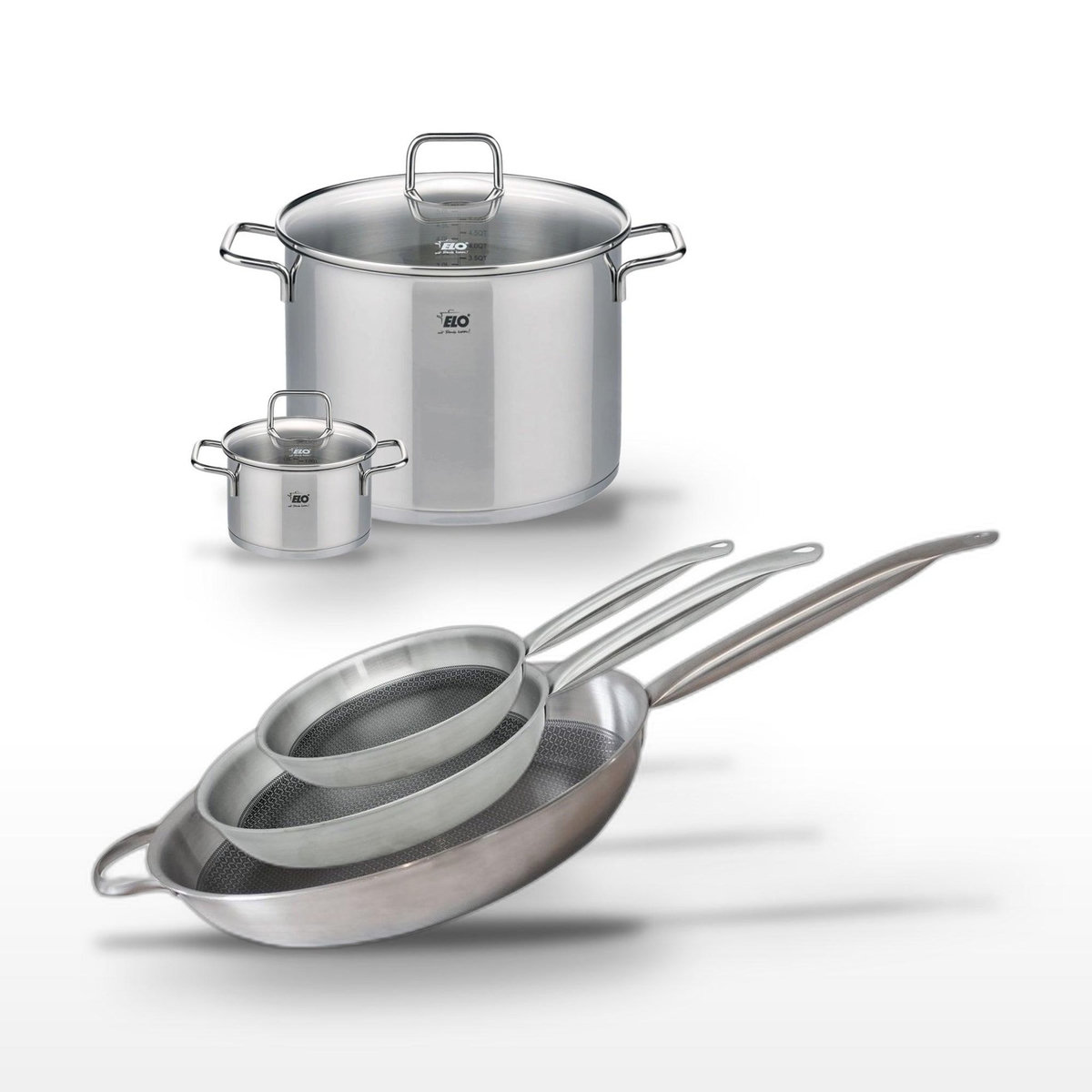 ELO Lot de 3 Poêles 24/28/32 cm et 2 Faitouts 14/26 cm Elo Relief Solution