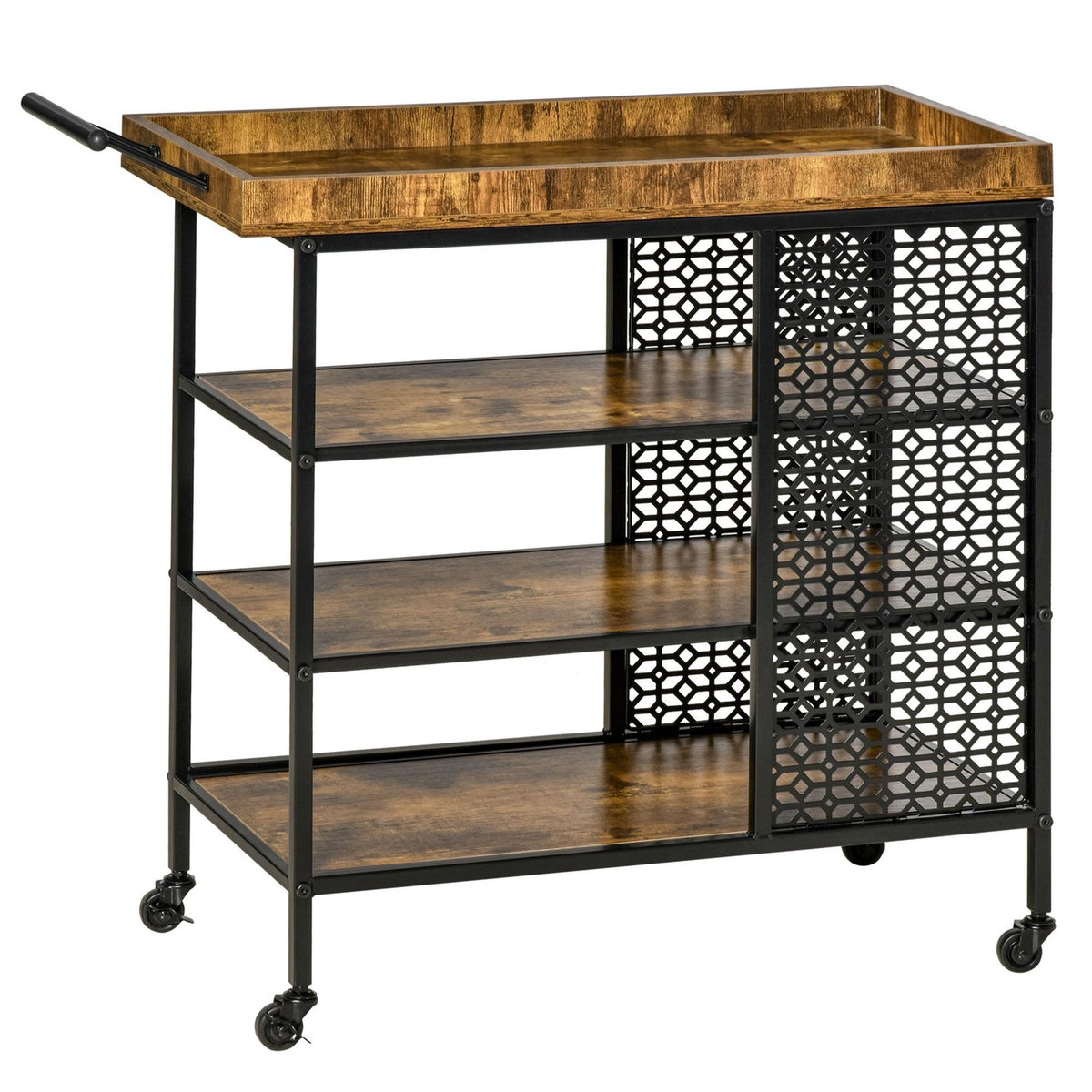 HOMCOM HOMCOM Desserte Vintage style industriel - chariot de service 3 étagères et plateau à rebord - châssis métal noir avec parois ajourées et poignée - MDF aspect bois vieilli