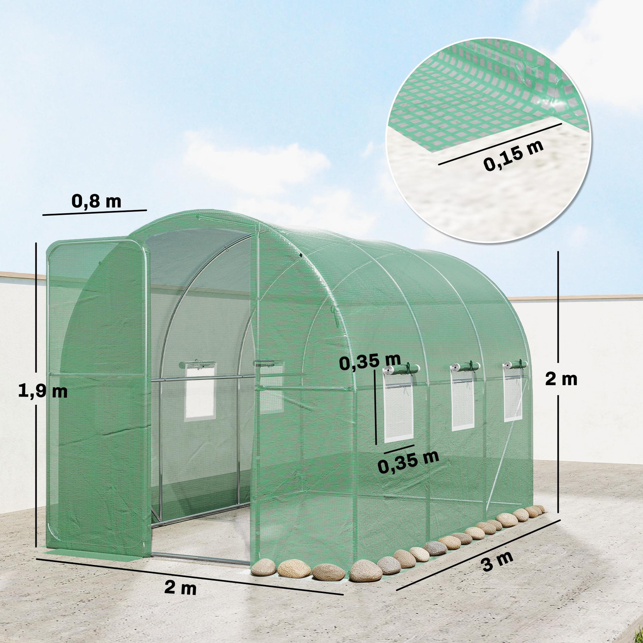 Voir la diapositive 3 : OUTSUNNY Serre tunnel de jardin 6m² porte et 8 fenêtres bâche PE 140 g/m² vert