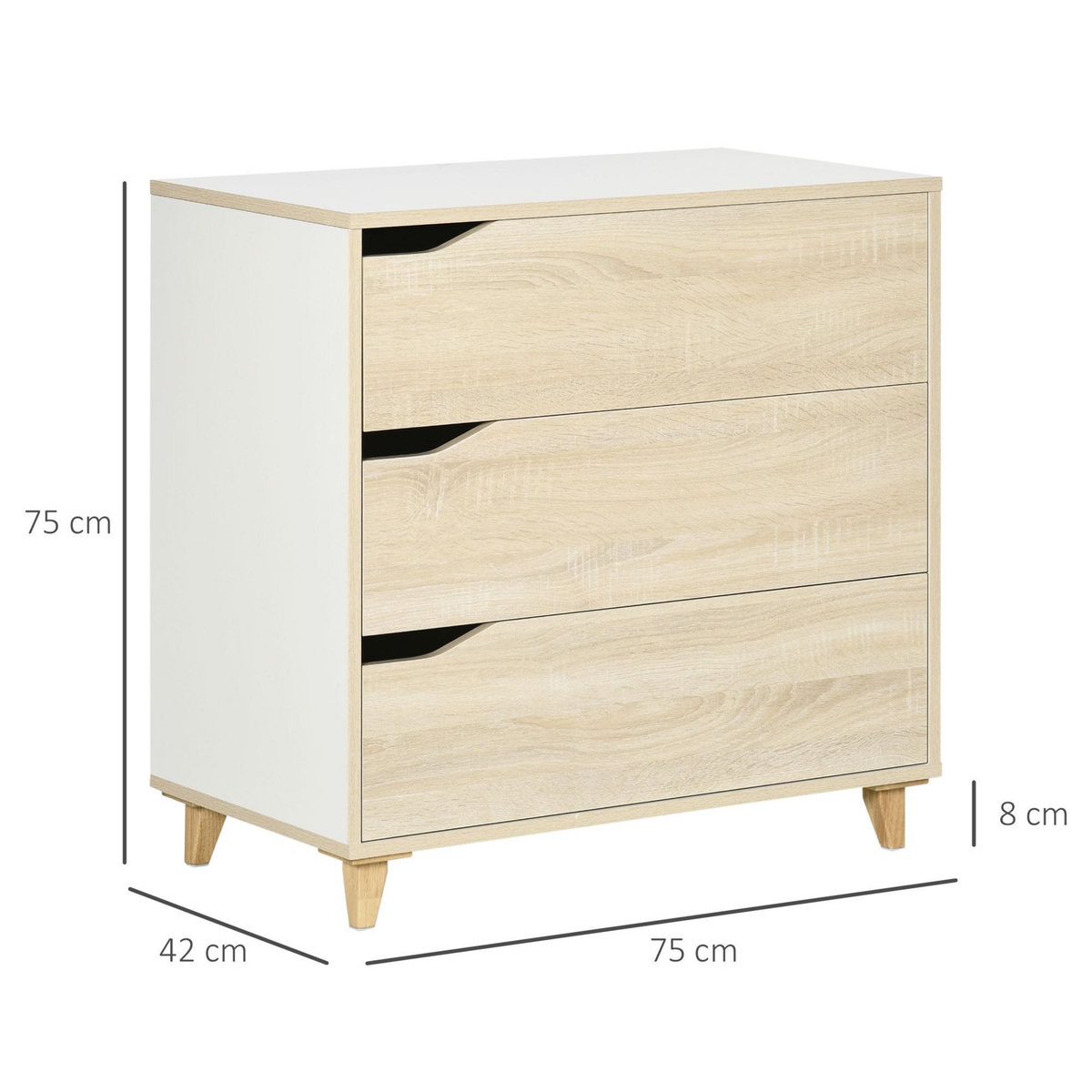 HOMCOM Commode design scandinave 3 tiroirs piètement effilé panneaux MDF blanc aspect bois clair